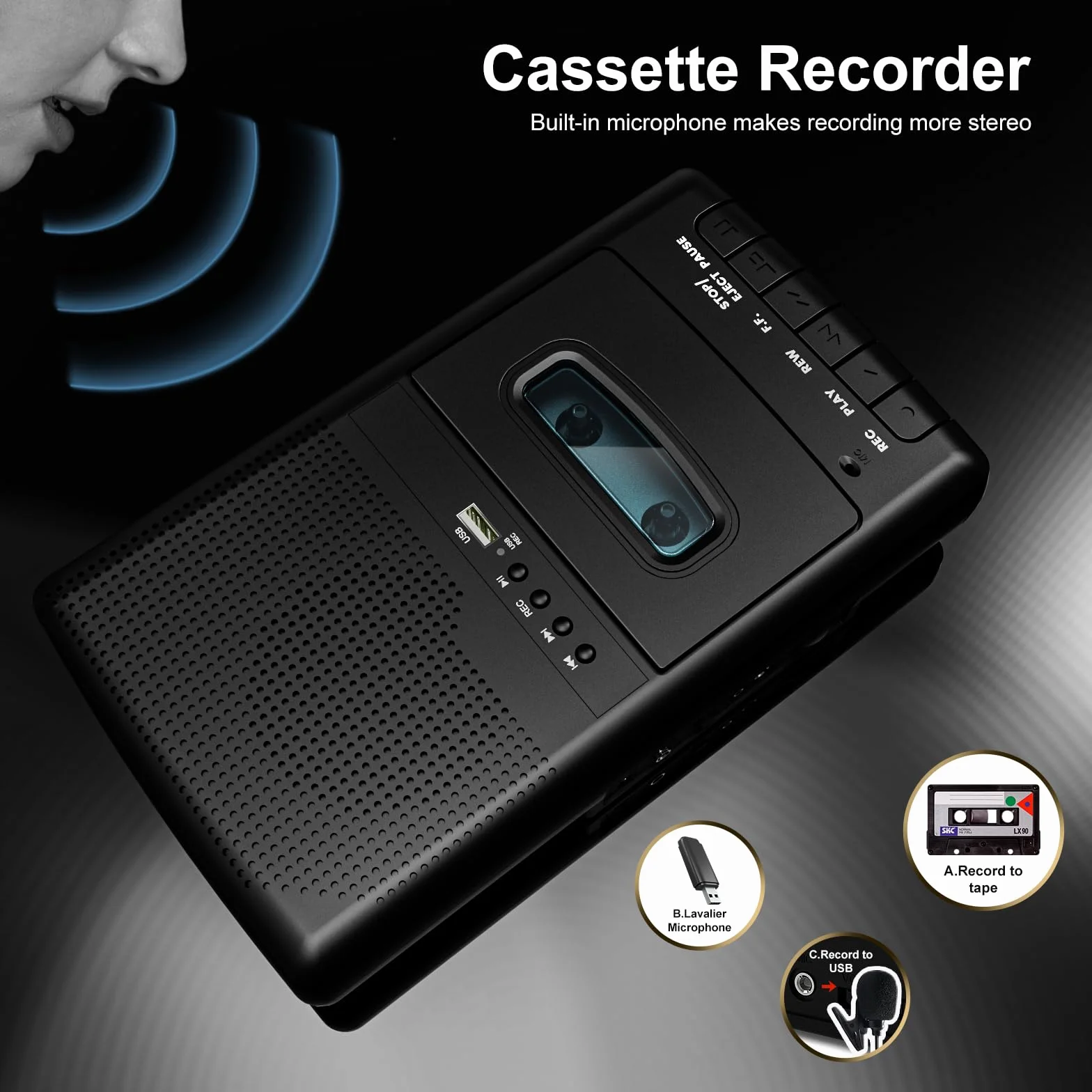 Reproductor de Casete Portátil USB con Micrófono, Convertidor Digital de Casetes a USB