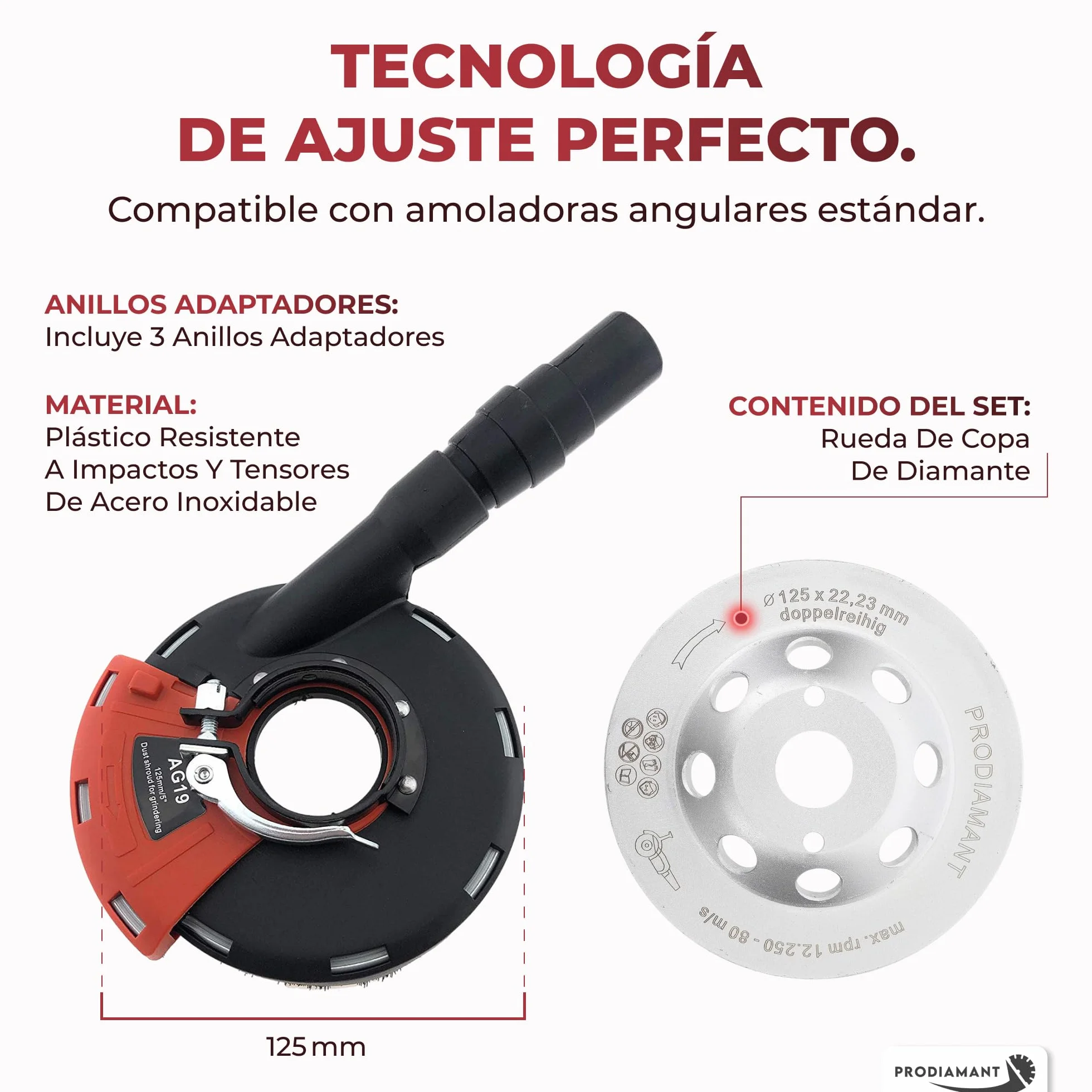PRODIAMANT capuchón de aspiración para amoladora angular de 125 mm con disco de diamante de 125 mm en juego
