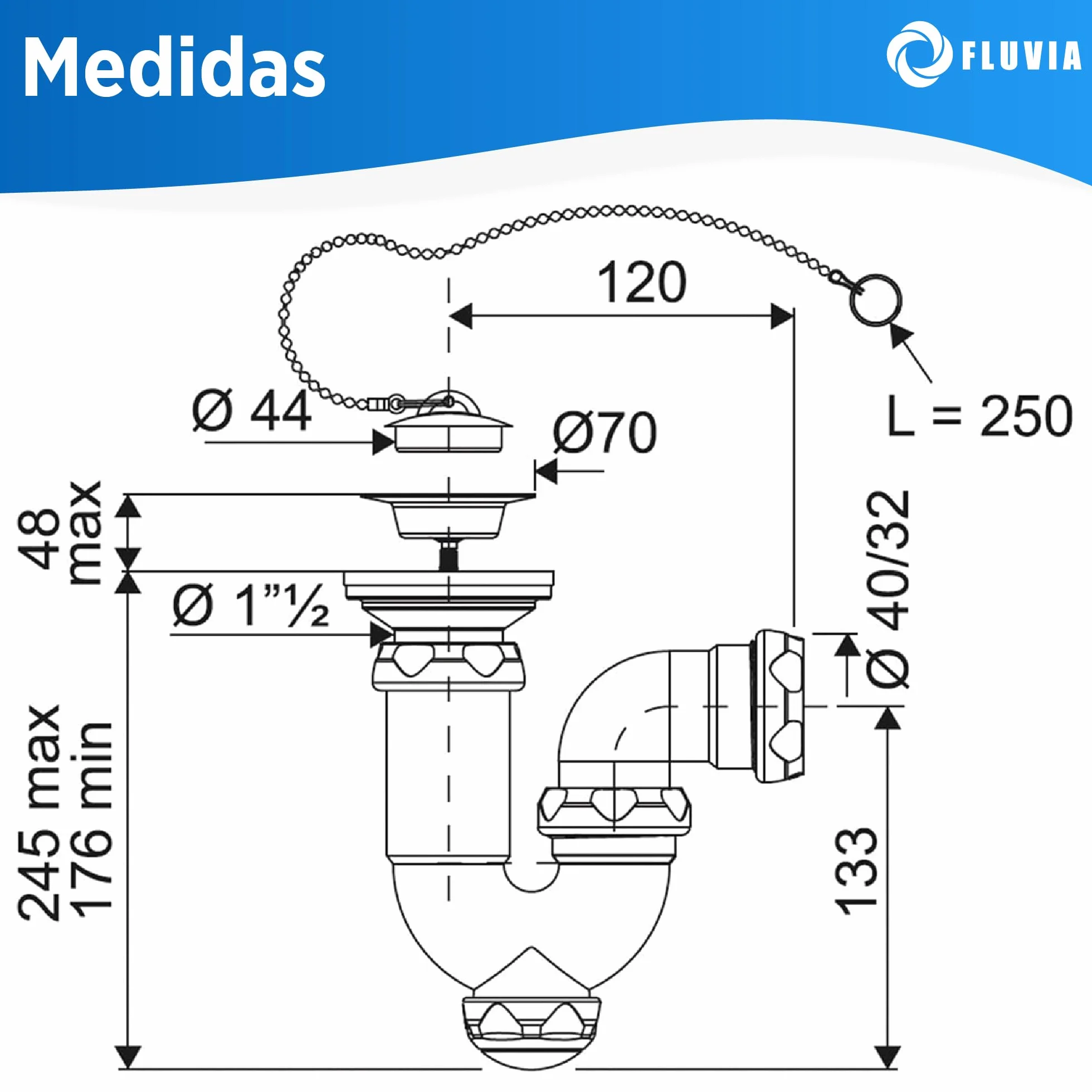 Sifón Curvo Extensible 1 1/2" Ø40 mm con Reducción Ø32 mm para Fregadero y Lavabo Antiolor Antifugas Fluvia