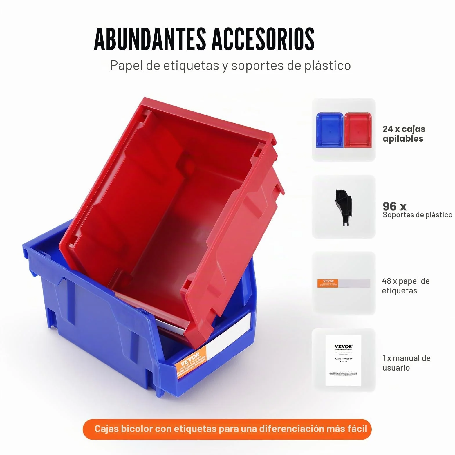 VEVOR Contenedor de Pernos 24 Cajas de Almacenamiento Apilables para Taller 137 x 105 x 78 mm Combinación Azul/Roja Contenedor de Herramientas para Armario, Cocina, Oficina, Despensa, Estante, Pared