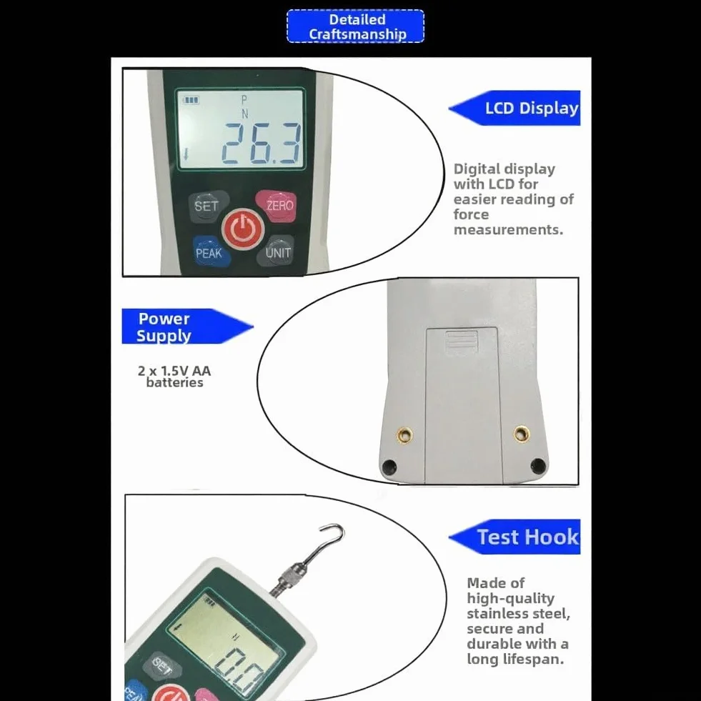Medidor digital de fuerza de empuje y tracción 50 N con alarma de retroiluminación para control de calidad y pruebas de materiales, 124 x 60 mm (50 N)