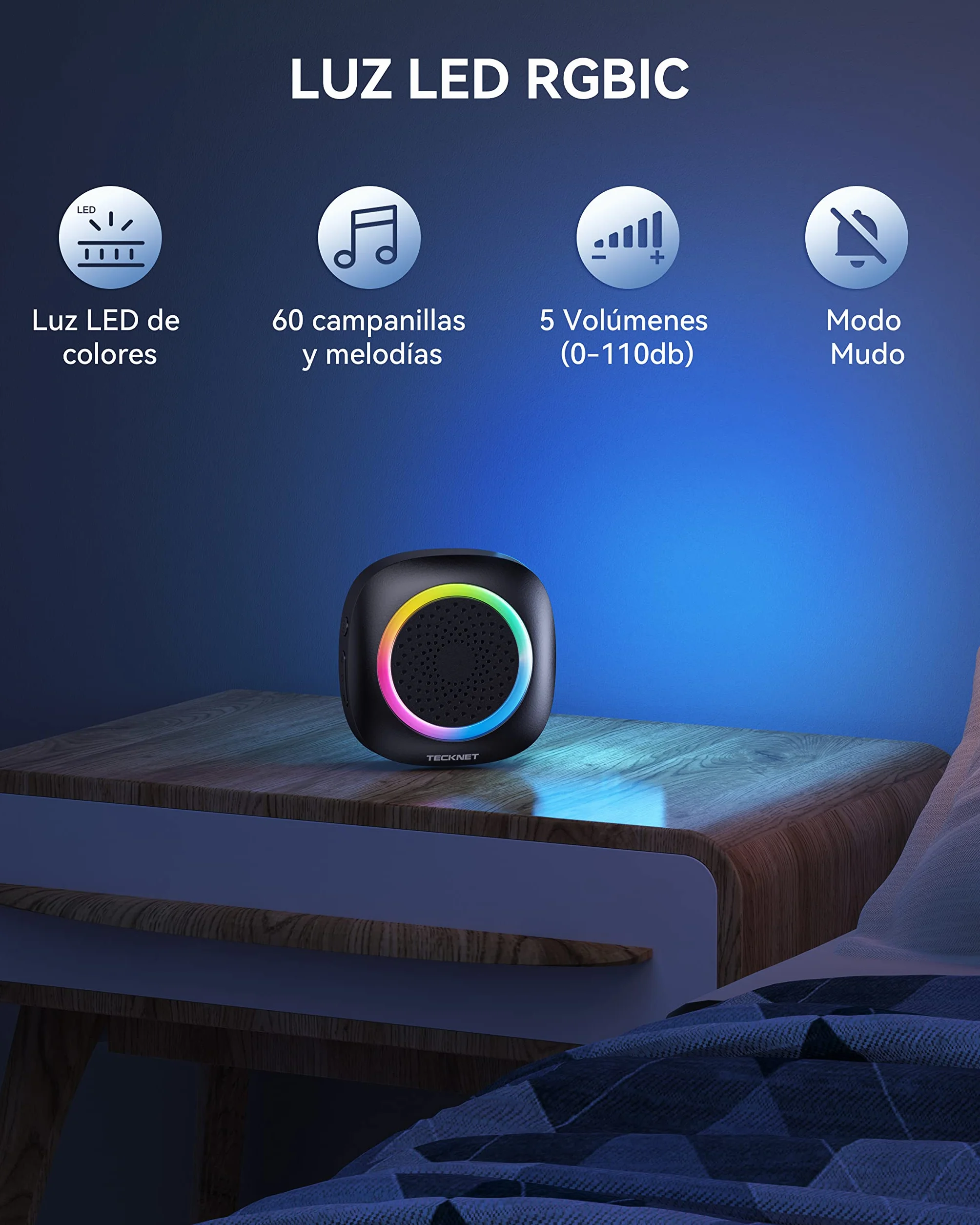 TECKNET Timbre Inalámbrico Funciona con Pilas, 400M Alcance RGB Timbre Inalámbrico Exterior Impermeable IP66, 5 Niveles de Volumen (0-110dB) y 60 Melodías para Hogar/Hotel/Oficina/Emergencia, etc