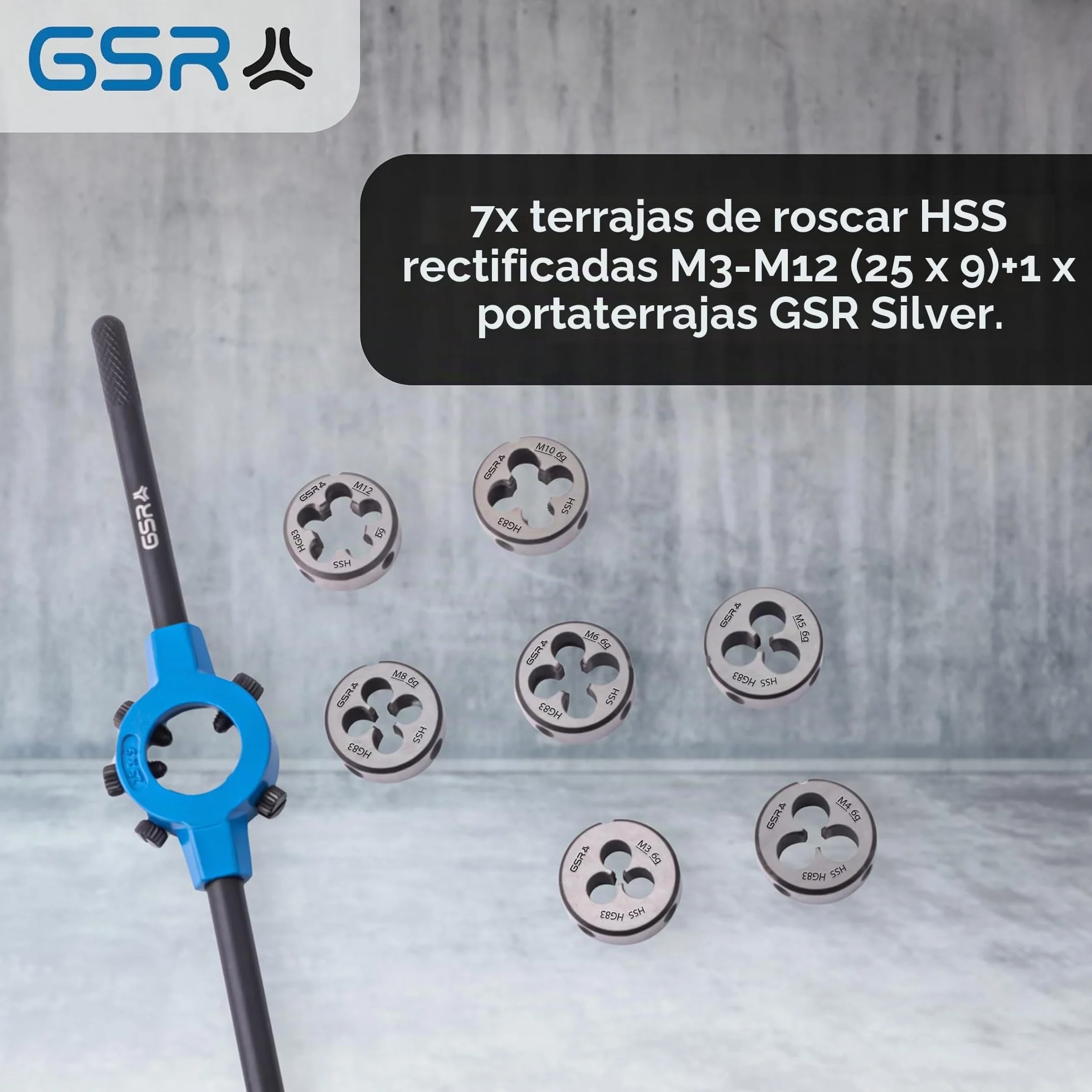 GSR-8 tlg. HSS Schneideisensatz (25 x 9) M3-M12 + Schneideisenhalter 25 x 9