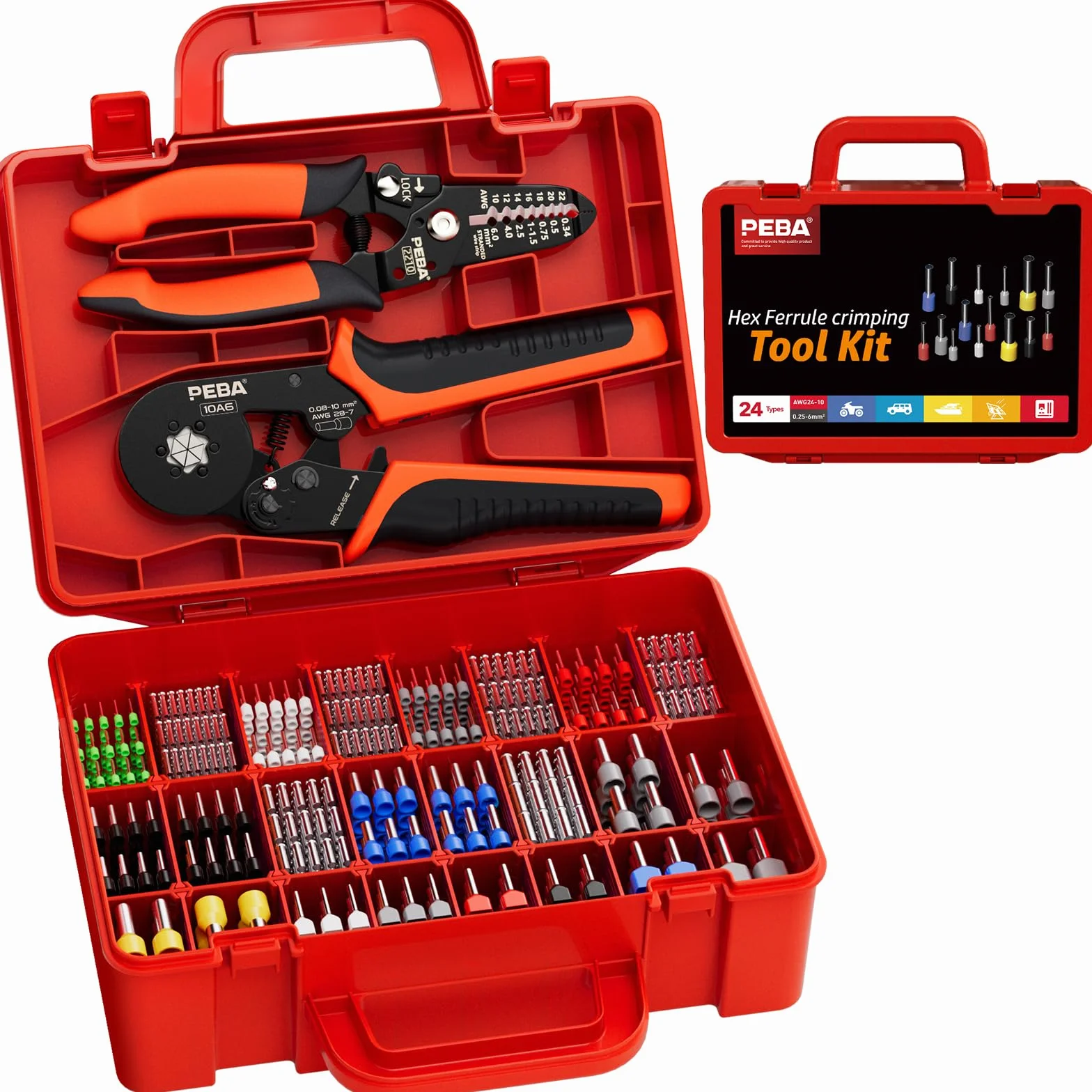 PEBA Kit de Crimpadora Terminales Electricos, Terminales Alicates 0.08-10.00 mm² con 24 clases de Punteras Electricas y Pelacables, Engarzadora de Crimpado Alicates - Hexagonal Crimpadora Terminales