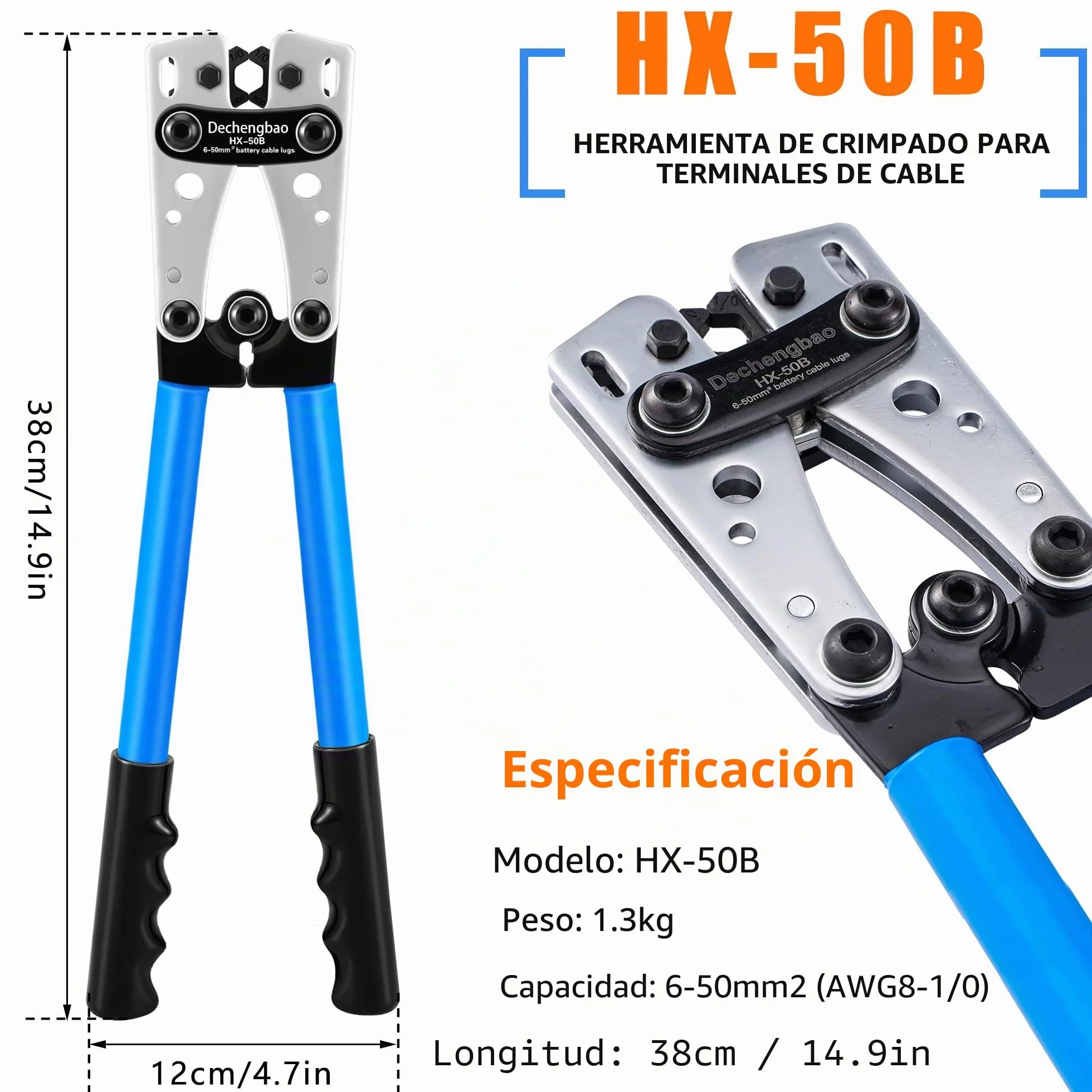 HX-50B - Herramientas de crimpado de lengüeta de cable de batería, alicates manuales para electricista de 6 a 50 mm² (AWG 8-1/0) con placa de metal gruesa y reforzada (HX50B Crmper + 60 terminales de