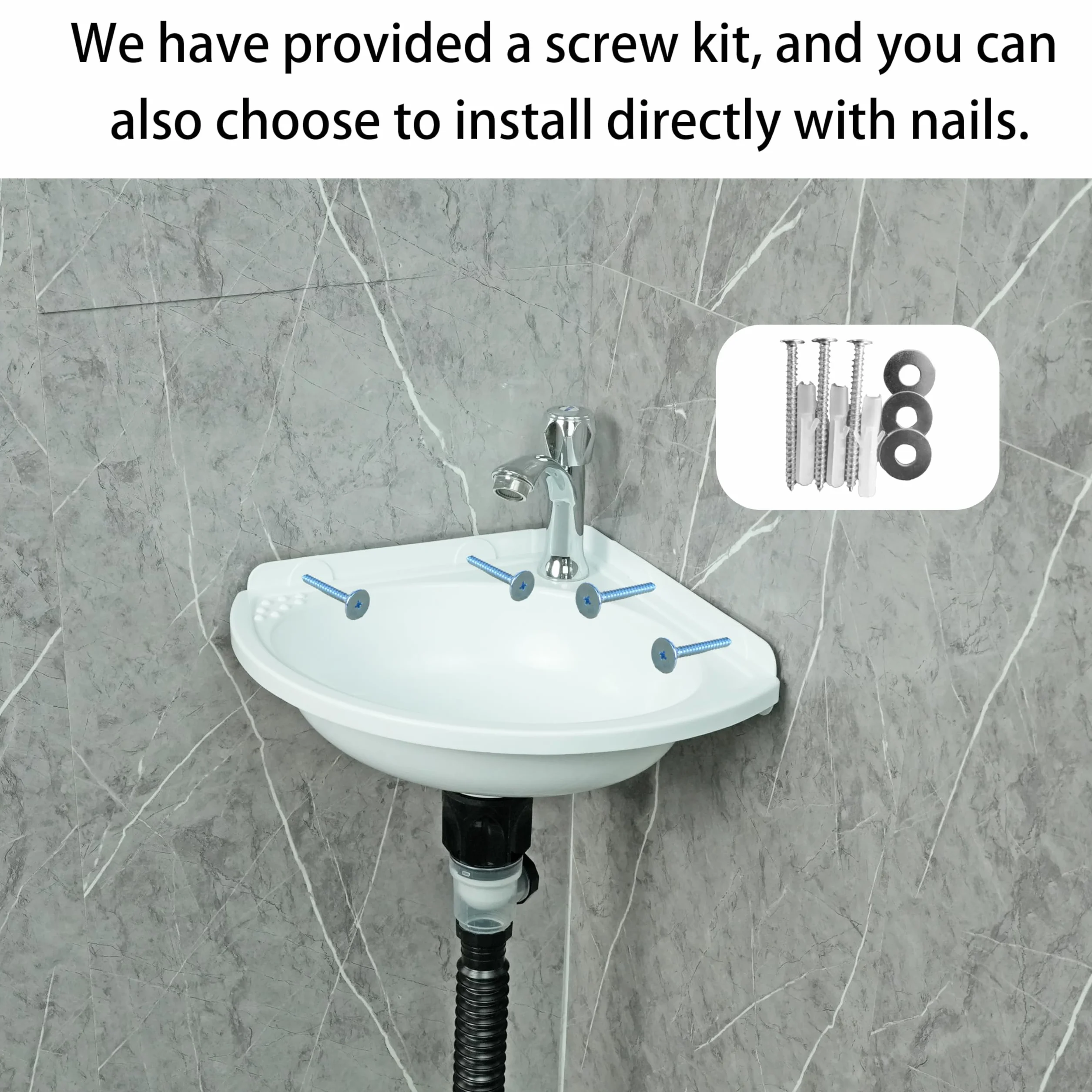 Fregadero de baño pequeño para montaje en pared, lavabo triangular sin taladro, autoadhesivo, 12 x 12 pulgadas con agujero para grifo de 1.26 pulgadas, mini fregadero de plástico para el hogar