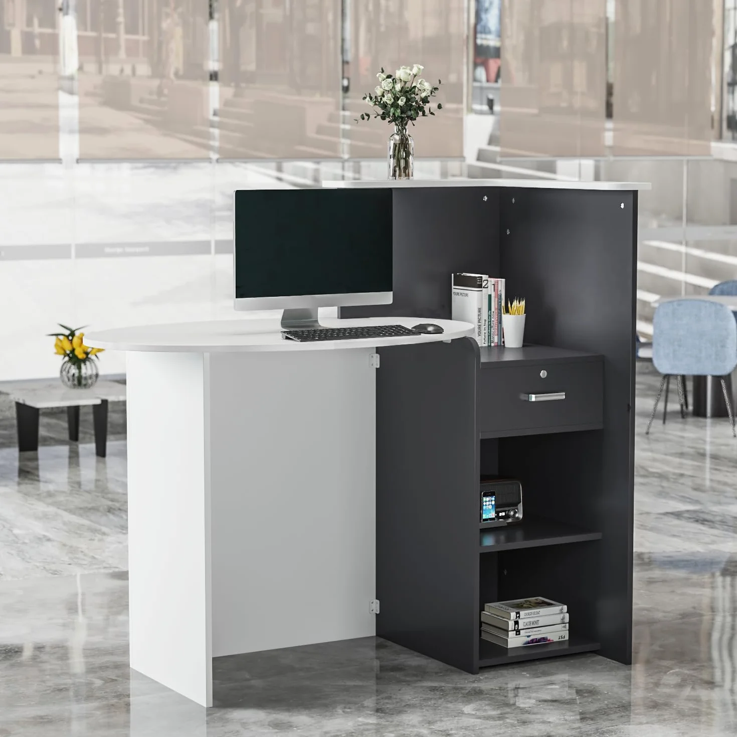 Mesa de Oficina Mueble Recepción Mostrador Basic MDF 40 x 121 x 110 CM Blanco y Negro