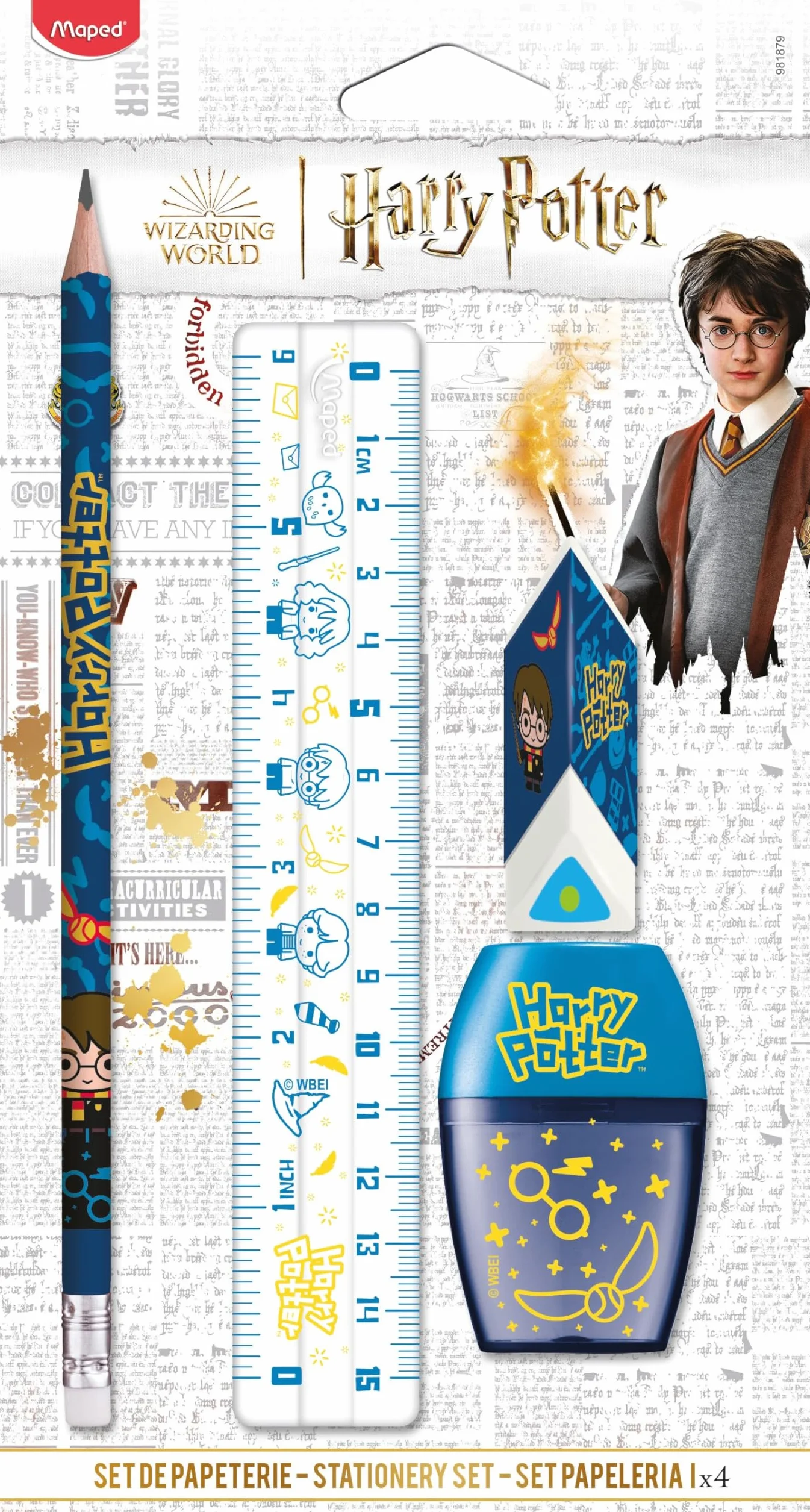 Maped Juego de papelería Harry Potter 4 piezas regla 15 cm sacapuntas goma lápiz HB