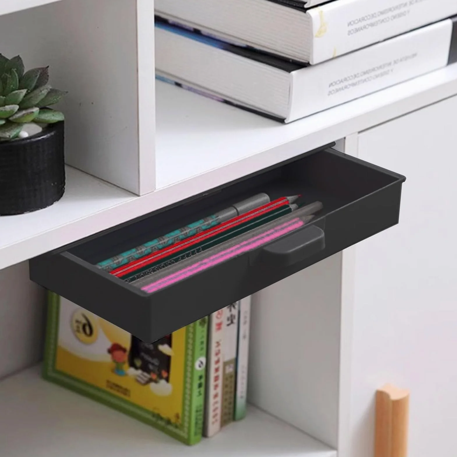 Caja Organizadora para Debajo del Escritorio, Cajón Autoadhesivo de Plástico, Gran Capacidad, Negro