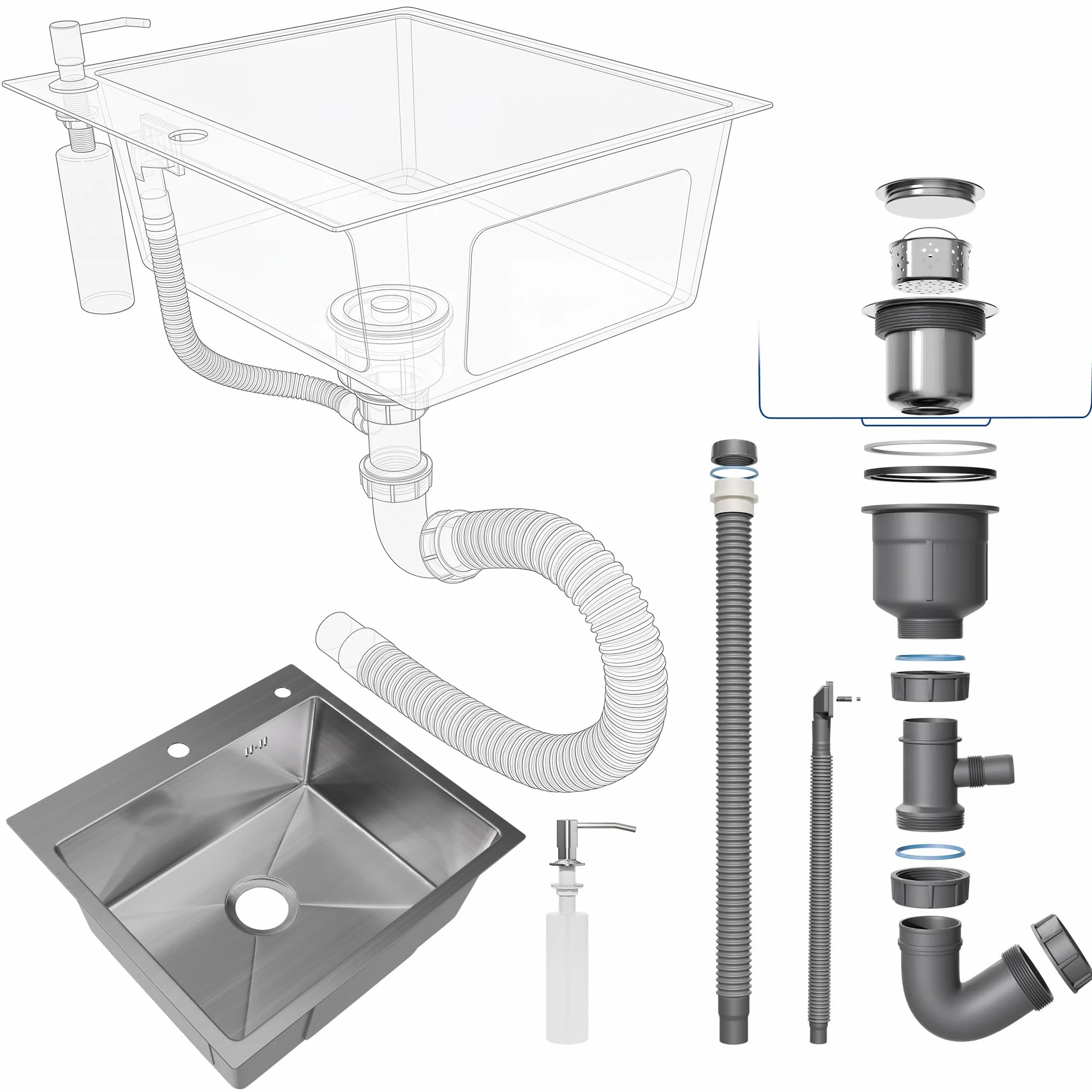 Fregadero Cocina 50x45 cm, STANEW Fregadero Cocina 1 Seno,Fregadero Inox con Dispensador de Jabón y Sifón，Sobre Encimera,Adecuado para Cocinas Pequeñas y Autocaravanas.