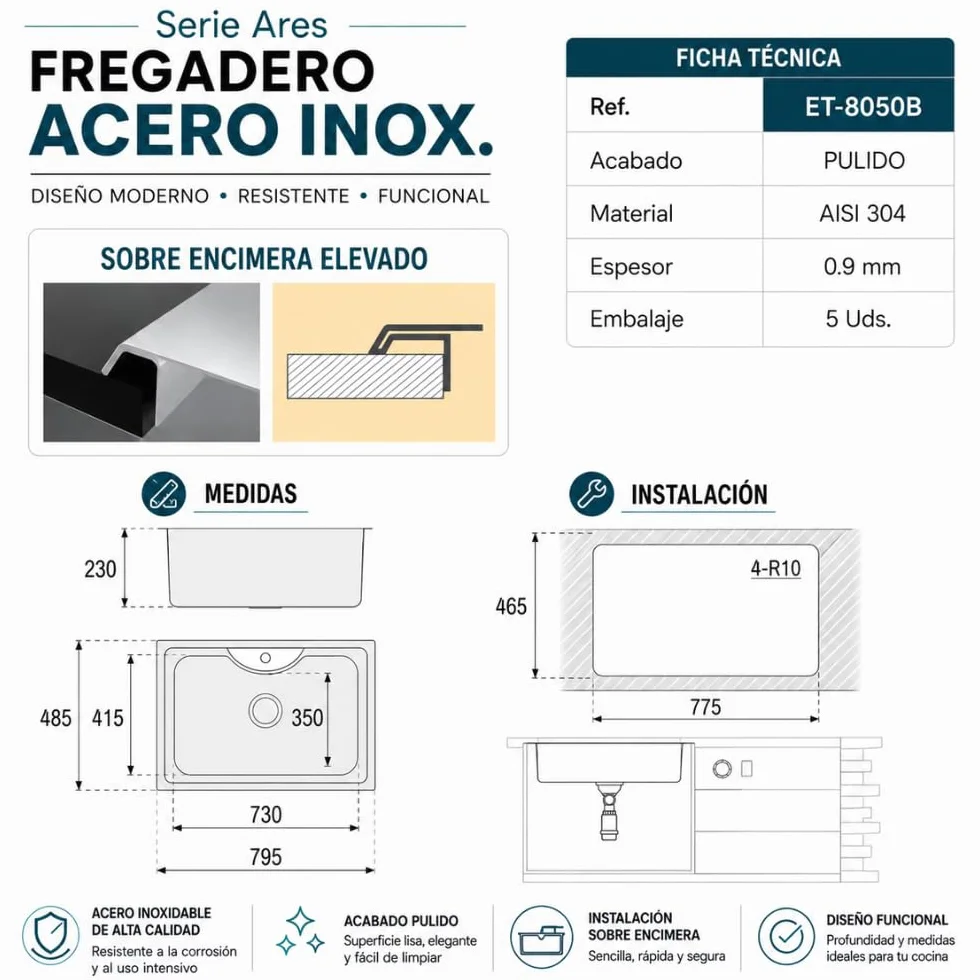 Ares Fregadero Cocina Acero Inoxidable AISI 304 80x49 cm - 1 Seno - Sobre Encimera - Resistente y Fácil Limpieza - Gran Cubeta 23 cm de Profundidad