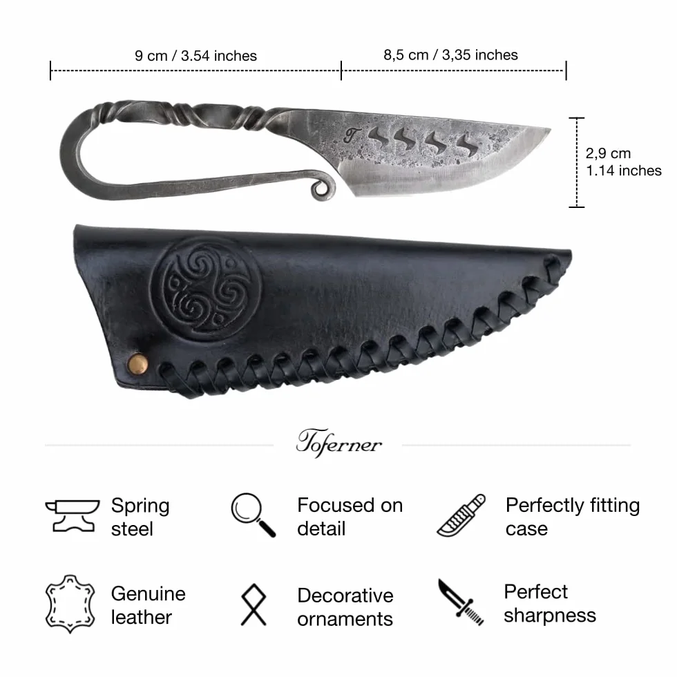 Toferner - Cuchillo de acero celta - Forjado a mano y aspecto vintage - Hoja puntiaguda ultra afilada - Elegante diseño antiguo - Incluye estuche de cuero auténtico