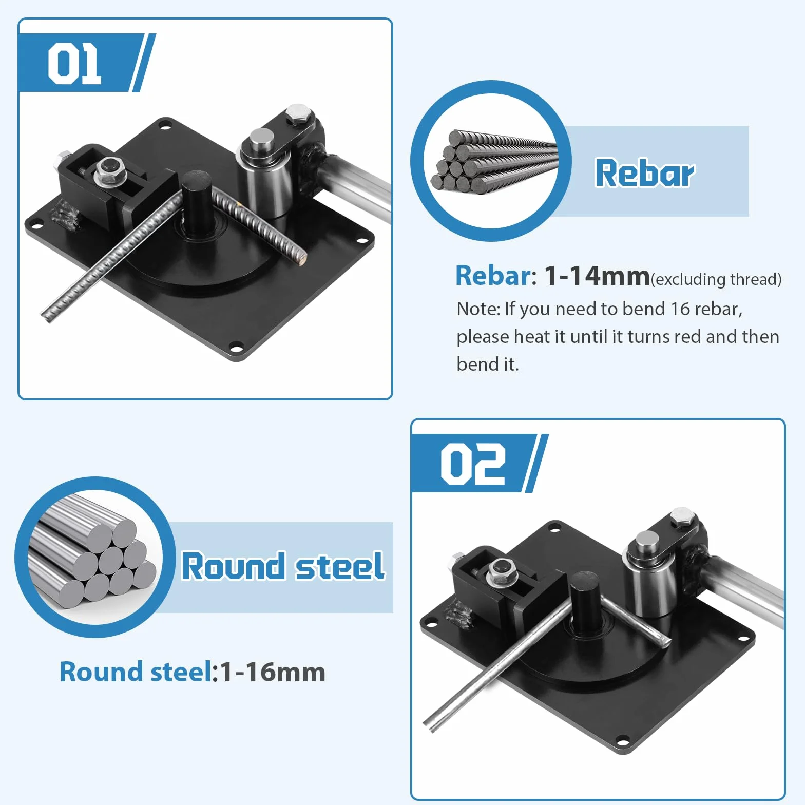 MXBAOHENG Dobladora Manual de Barra de Acero de 1-16 mm Doble Partición Dobladora Hierro Herramientas de Barra de Refuerzo de Mano de Metal para refuerzo de acero redondo, hierro plano y otros metales