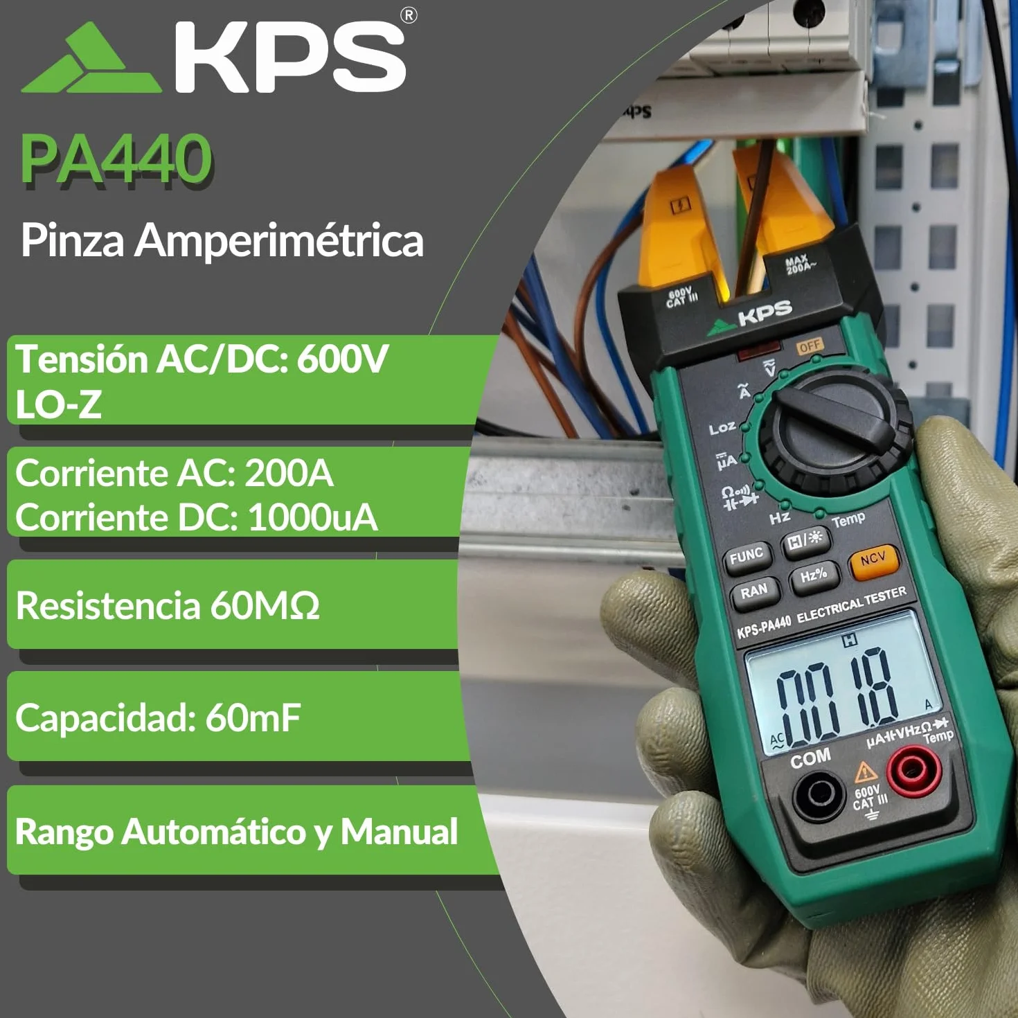 KPS-PA440 Pinza Amperimétrica Profesional con Maxilar Abierto - Multímetro Digital con Medición de Corriente AC 200A, Corriente DC 1000µA, Voltaje AC/DC 600V, Temperatura, Frecuencia, Capacidad y NCV