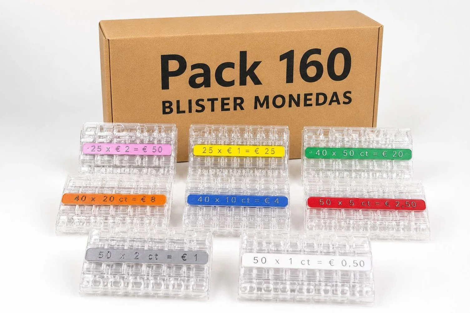 Blíster para Monedas Euro 160 – Organizador y Clasificador de Monedas 20 x Céntimo 1, 2 y 5, 10, 20, 50 Céntimos, 1 Euro, 2 Euros