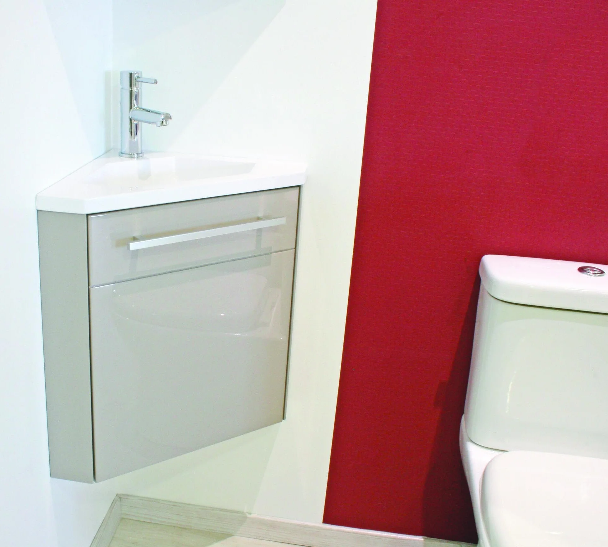 Mueble de lavabo suspendido colección NINO - mueble de esquina compacto - varias opciones de color. Encimera de resina extra plana sin rebosadero - 1 puerta - cierre suave - Ancho 53cm - lacado topo
