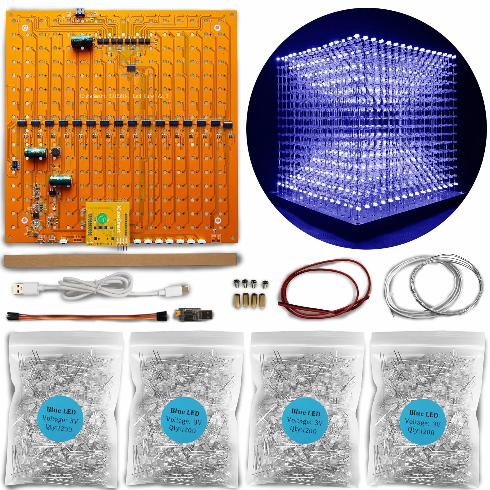Mini 3D Led Cube DIY Kit Electrónica Kit de Proyecto de Soldadura (3D16MINI-ALLBLUE-KIT)
