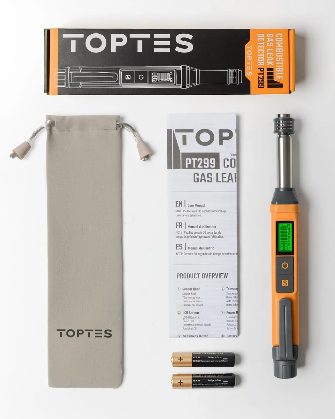 Detector de Gas Natural, TopTes PT299, Detector Portátil con Varilla Extensible para Gases Combustibles como Metano y Propano en el Hogar o Caravana (Incluye 2 Pilas) - Naranja