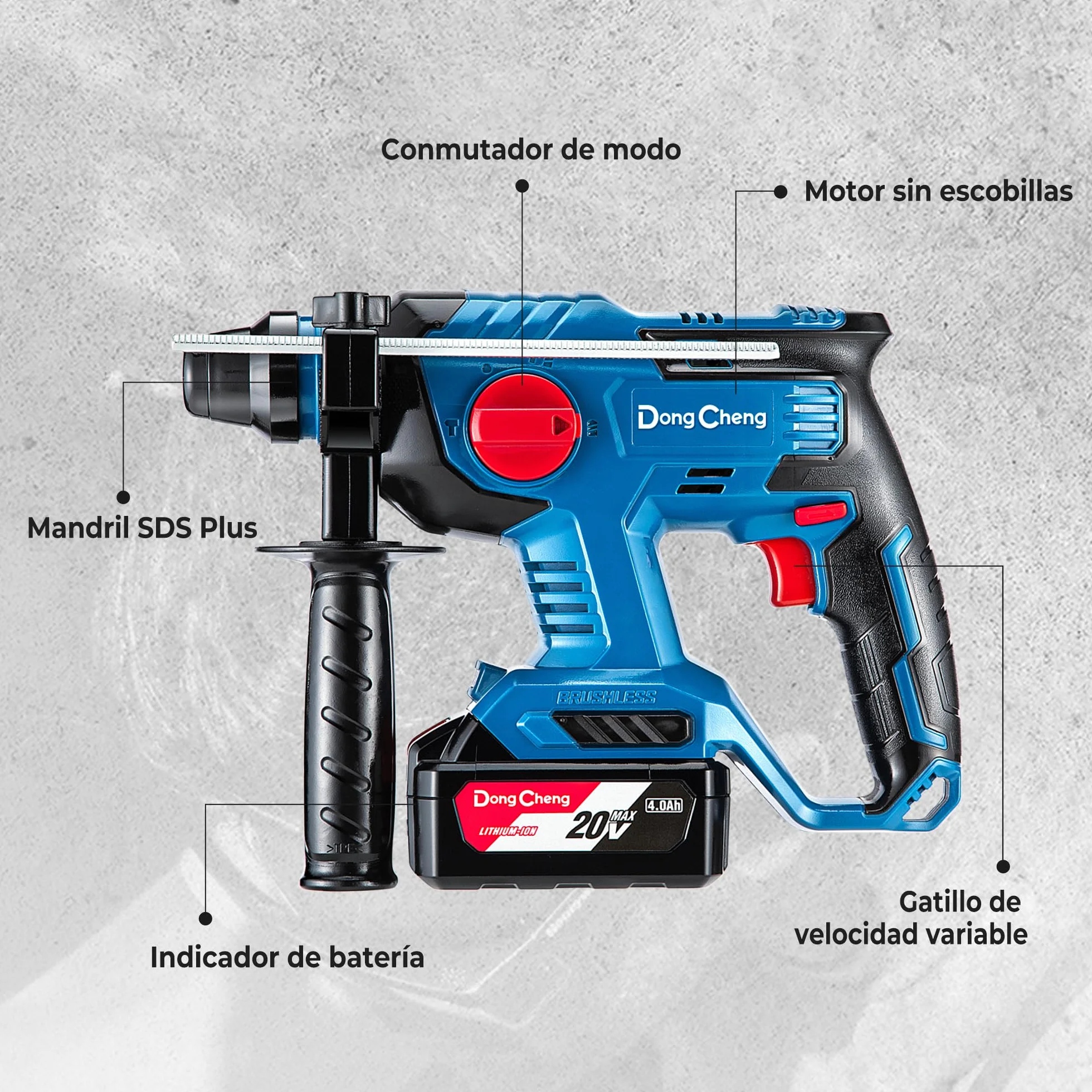 DongCheng Martillo perforador sin cable 18V, energía de impacto 2,1 J, 4 piezas SDS-plus, perforación hasta 28 mm, motor de percusión sin escobillas empuñadura antivibración baterías 4Ah y cargador 2A