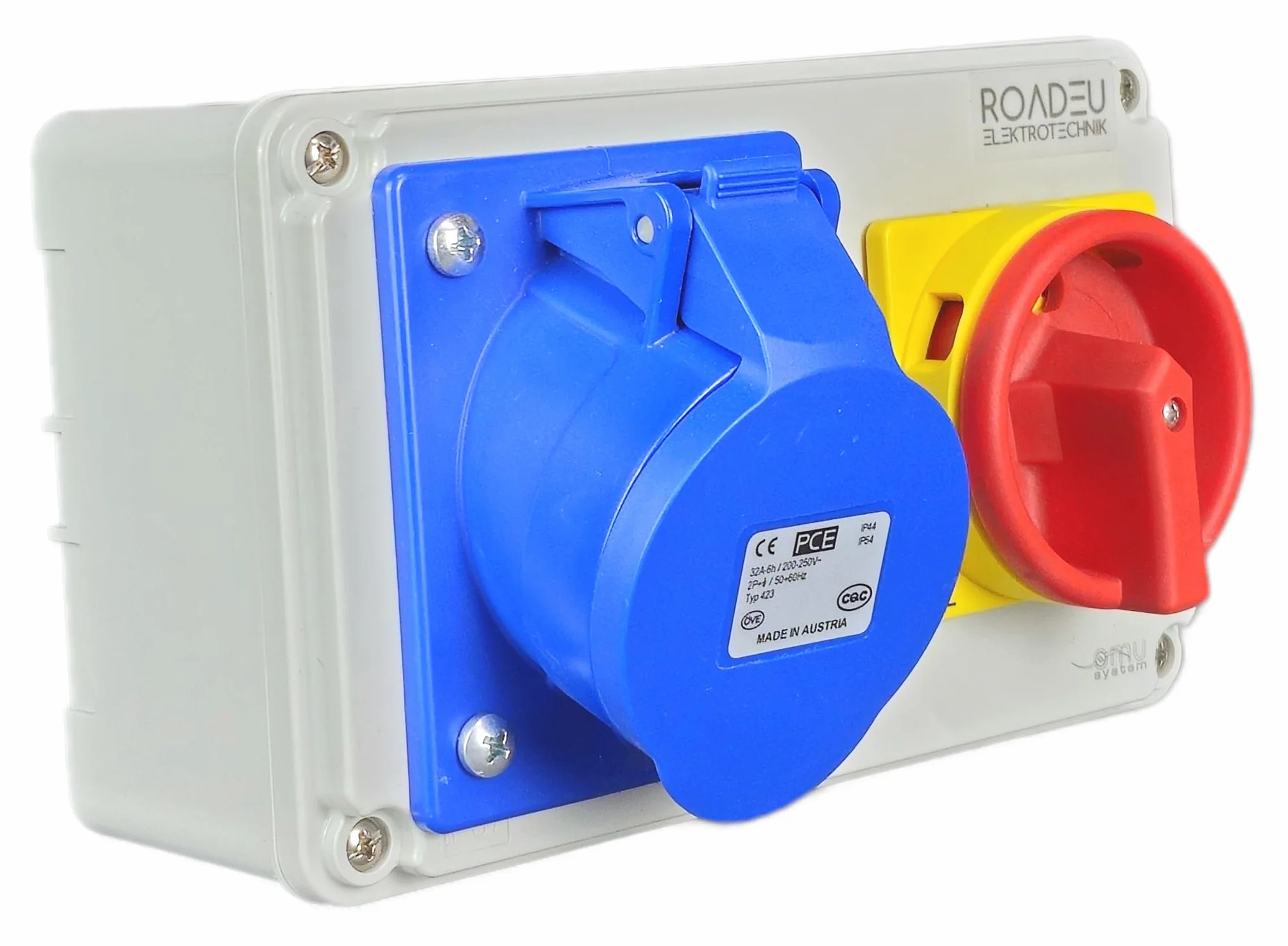 RoadEu - Enchufe de pared CEE 32A 3P 230V con interruptor principal 0-1 - Distribuidor de corriente con bloqueo - IP44 resistente a la intemperie - para taller, jardín, garaje