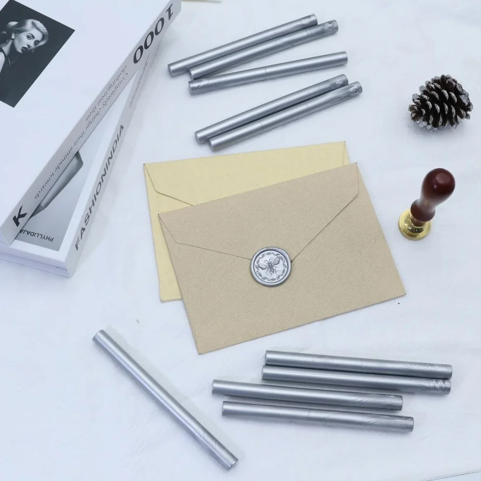 1,1 cm Cera de palos, Atopbb Silver Wax Stick 10 unidades pistola de pegamento para sellos de cera, para cartas, tarjetas de felicitación, vino, manualidades, bodas y fiestas (plata)