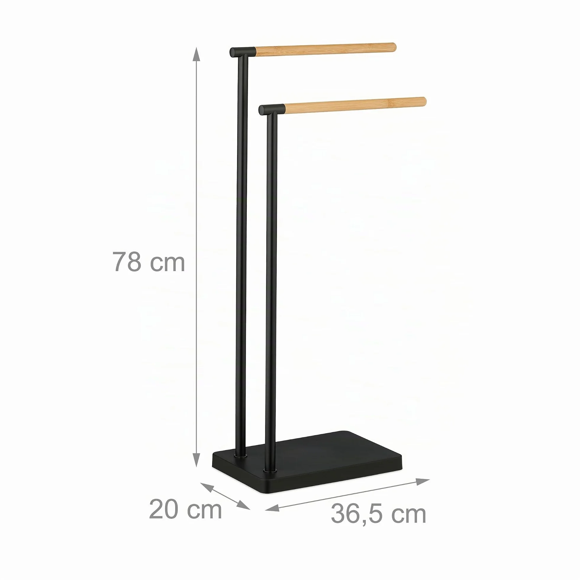 Relaxdays Toallero de Pie, Porta Toallas Baño, Soporte con 2 Brazos, Acero Inoxidable, Bambú, Montaje Sin Taladro, Negro