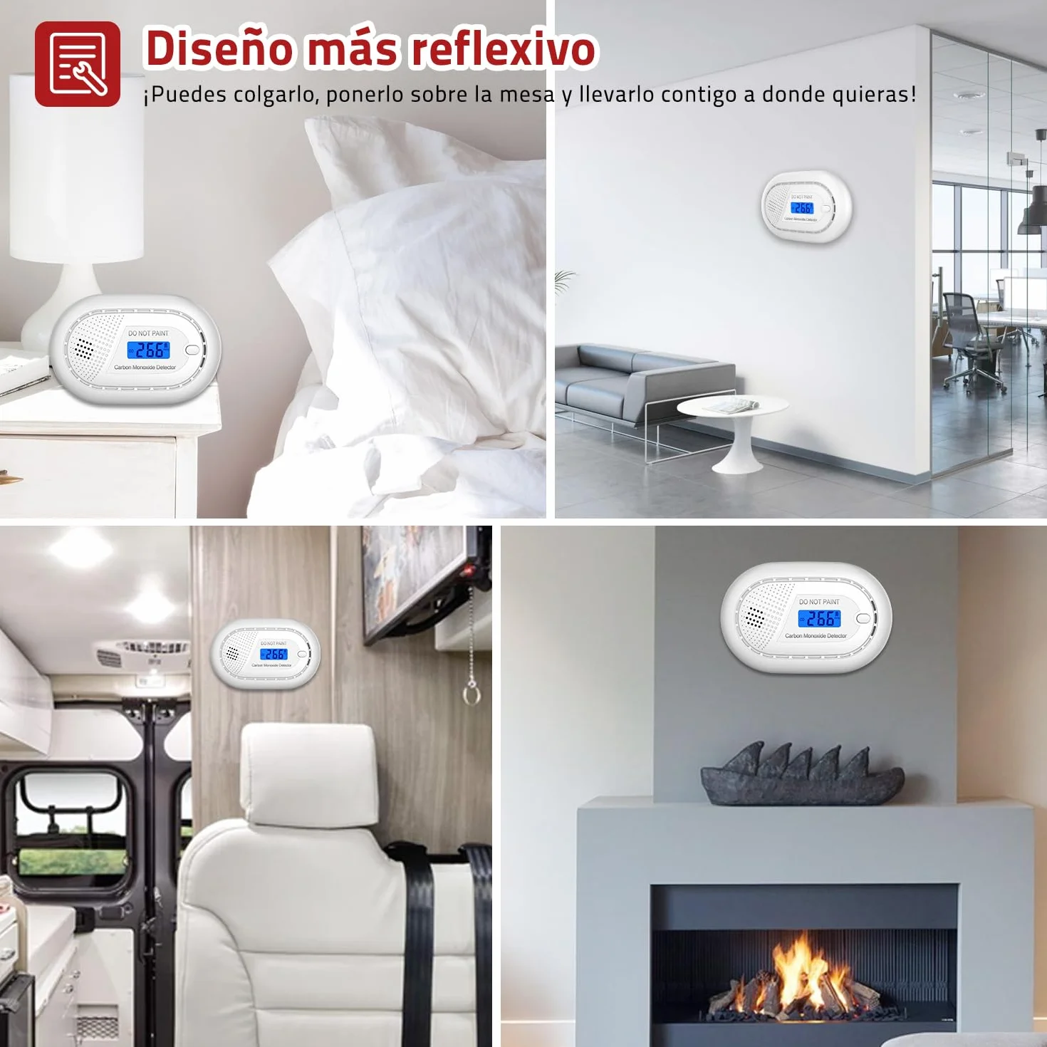 RUNIDUR Detector de Monóxido de Carbono Alarma Portátil con 10 Años de Vida útil, Detector de CO Plano sin Perforar Según Norma Europea EN 50291 para Chimenea Estufa,1 Pieza