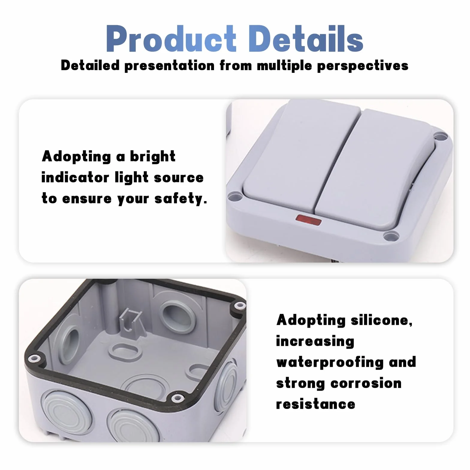 Sporgo Interruptor Universal Doble Resistente a la Intemperie - 20 A, IP66, Resistente al Agua Con Luz de Control - Gris Para Exterior, Jardín