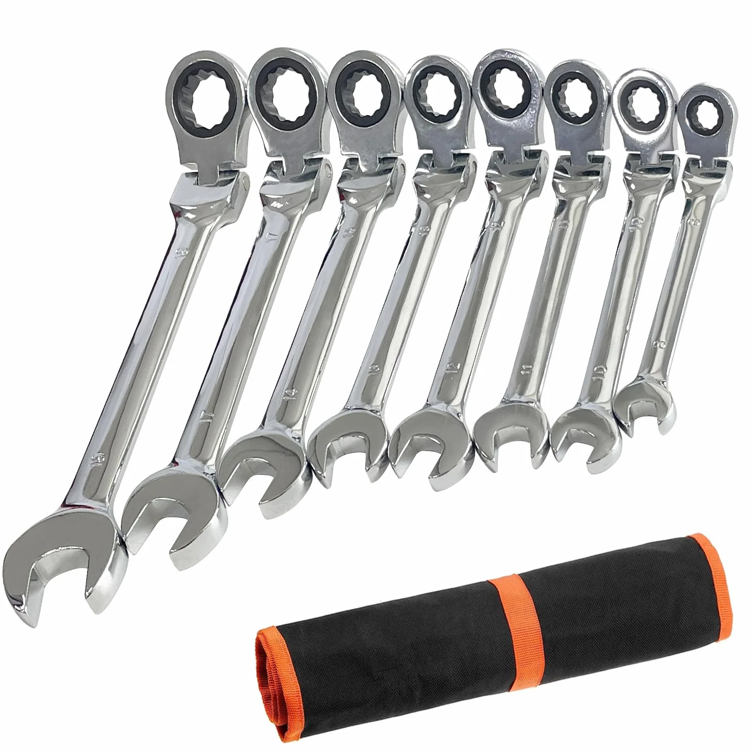 Juego de 8 llaves combinadas de trinquete de cabeza flexible, llave métrica de acero al cromo vanadio de 8 a 19 mm, llaves de trinquete de anillo de engranaje con bolsa rodante