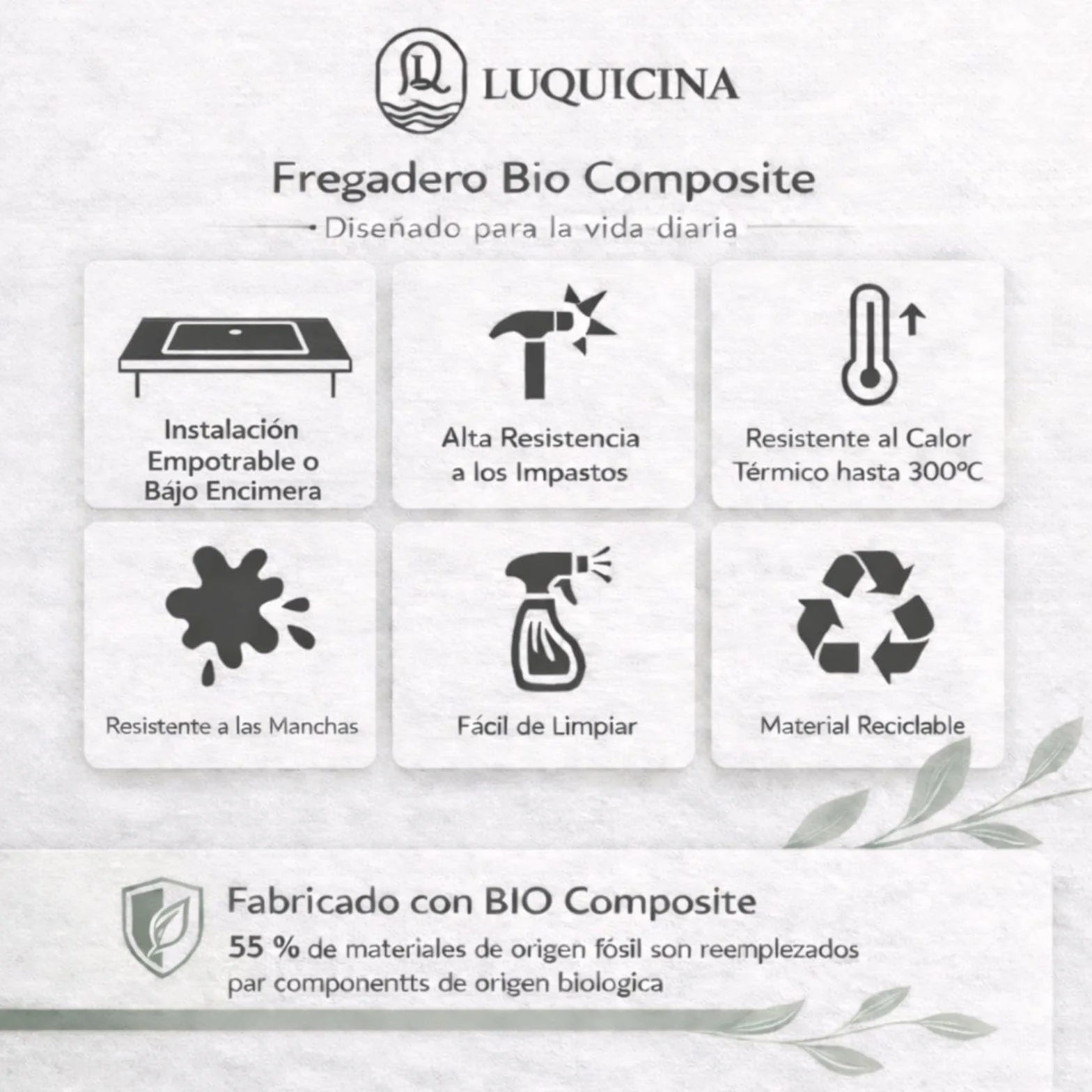 Fregadero Negro Luquicina LD44BL – 1 seno cuadrado – Empotrable o Bajo Encimera – Composite BIO – 45 x 45 x 20 cm