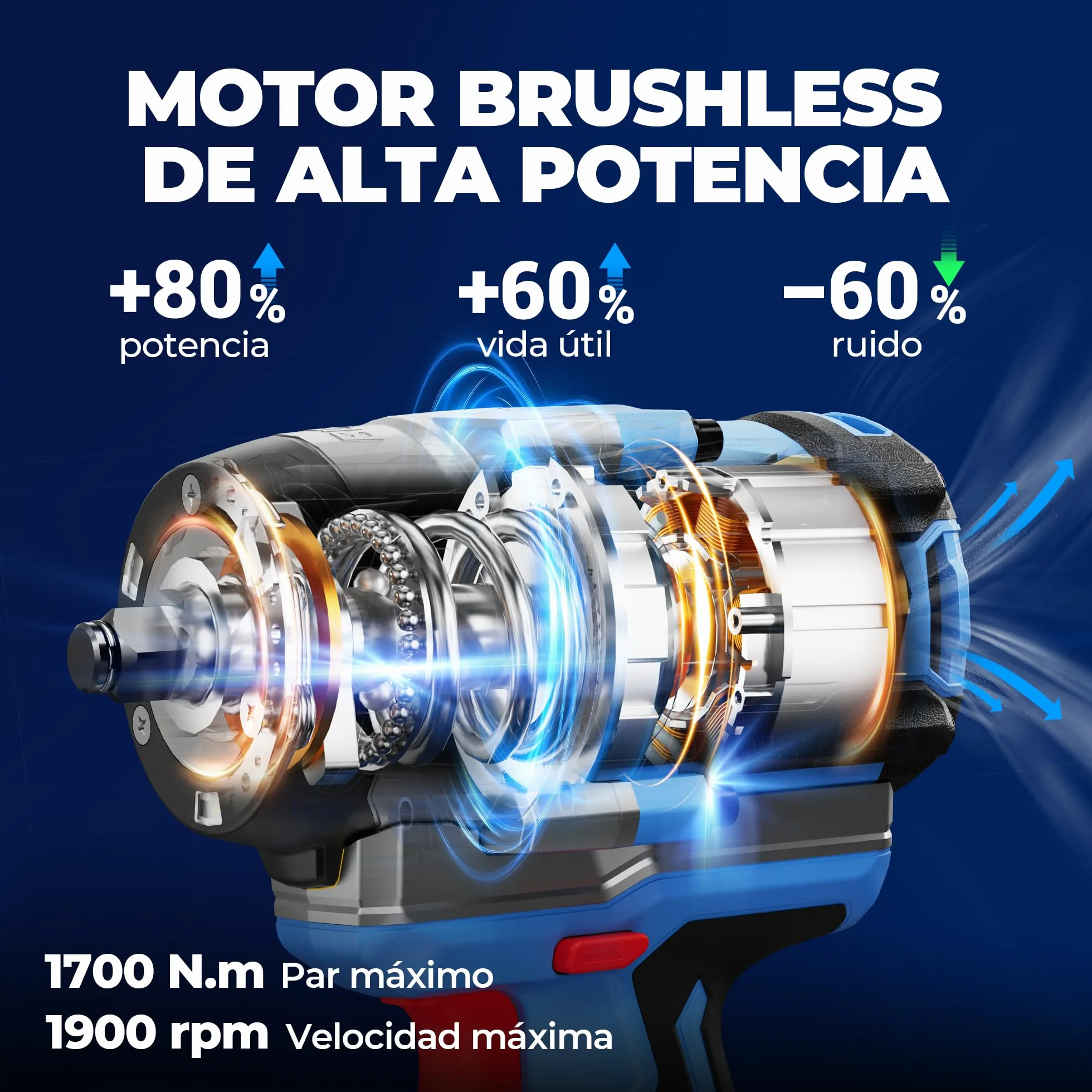 Dong Cheng Llave de impacto a batería sin escobillas 1/2", 1700 Nm, 3 vel (0-1900rpm), 2 bat 5Ah + cargador rápido + 3 dados + maletín. Para coches, camiones y maquinaria pesada