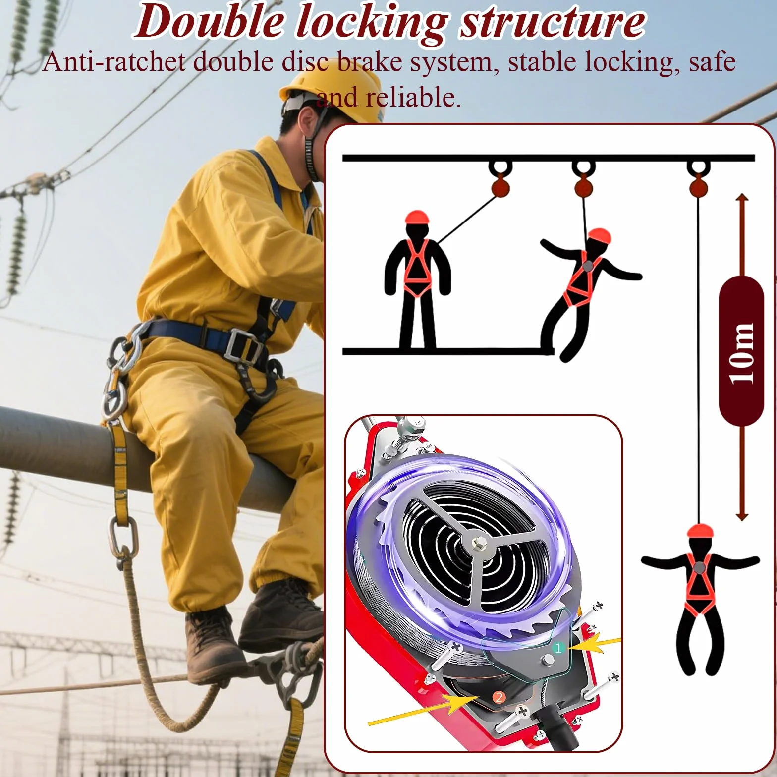 Dispositivo Anticaidas Retráctil, Rojo Linea de Vida Retractil Homologado 200 KG, 10m Arnés de Seguridad Anticaídas Retráctil Trabajo en Tejados/Altura(Rojo - 2 Piezas,10m)