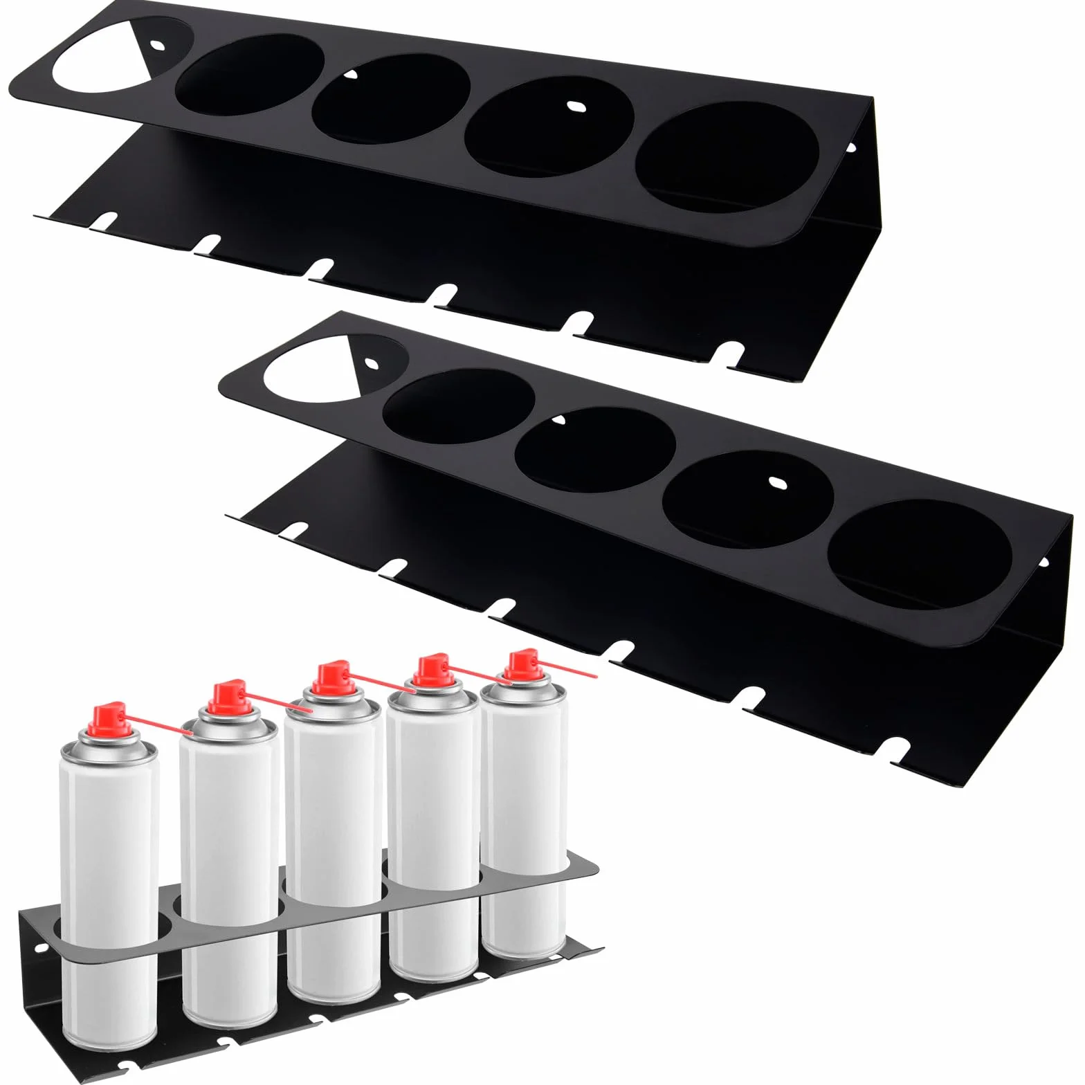 2 soportes para botellas de spray de pared, organizador de latas de aerosol con 5 agujeros y 6 ranuras, organizador de herramientas eléctricas con diseño de ahorro de espacio, estante de