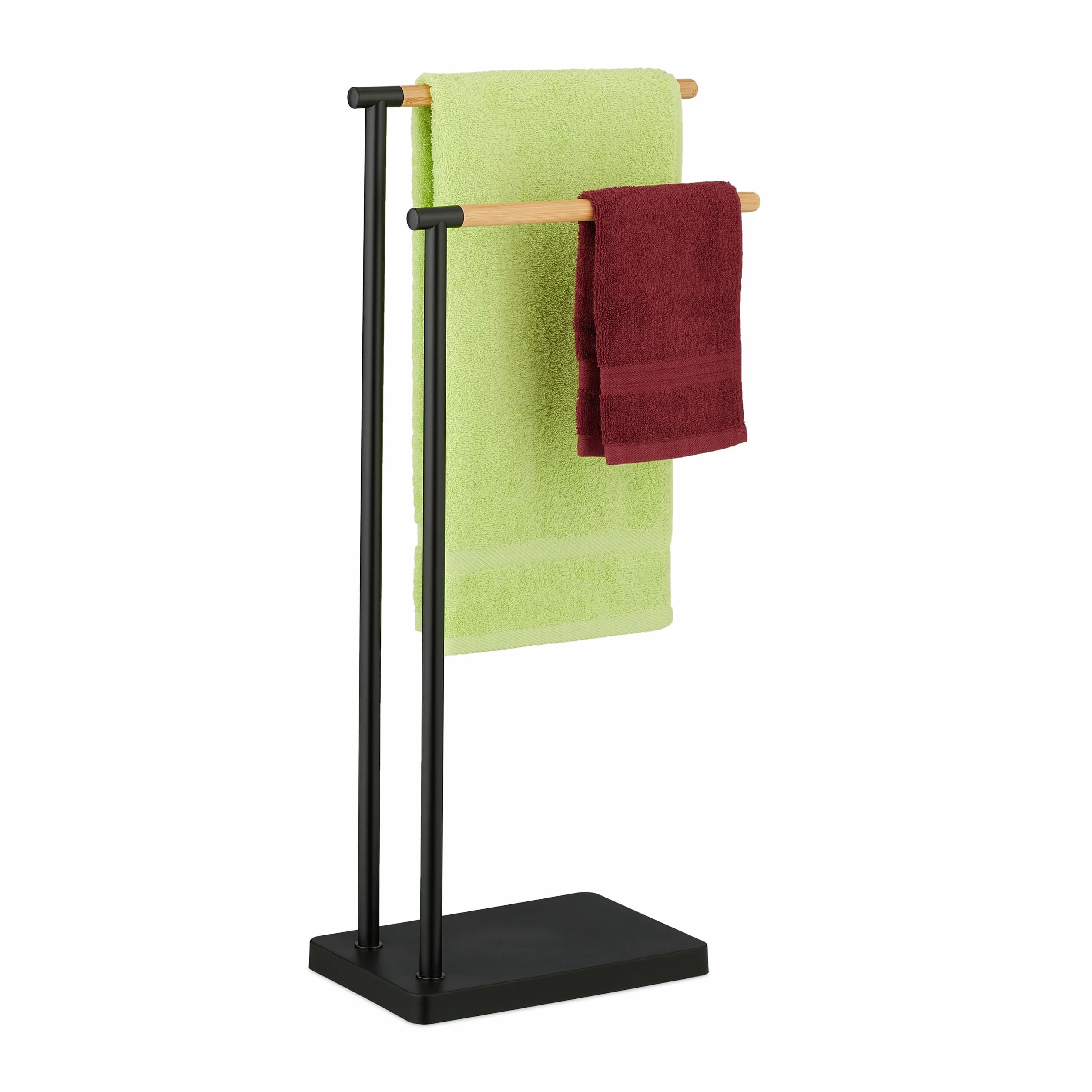 Relaxdays Toallero de Pie, Porta Toallas Baño, Soporte con 2 Brazos, Acero Inoxidable, Bambú, Montaje Sin Taladro, Negro