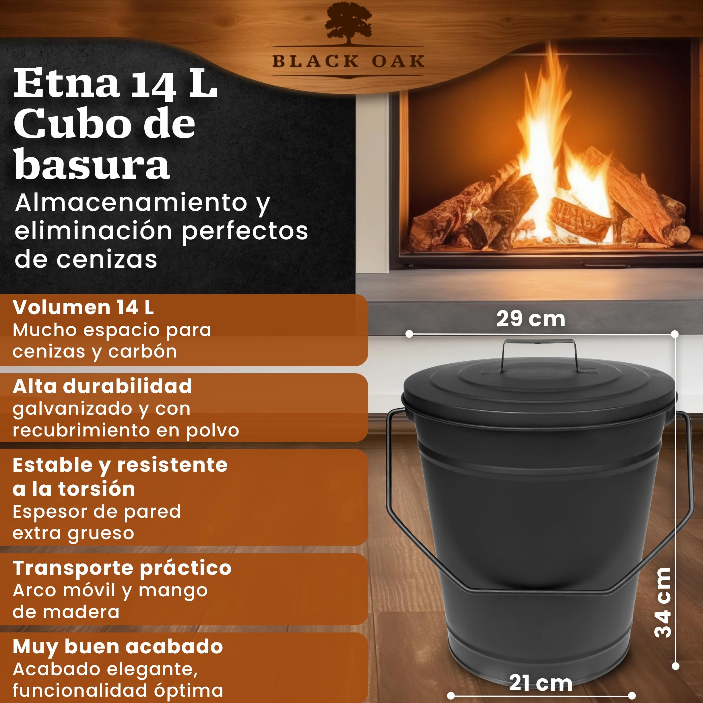 BLACK OAK Cubo de ceniza ETNA 14L – negro con tapa – grande 14 litros – Acero galvanizado y recubierto de polvo para cenizas y carbón, accesorio ideal para chimenea, estufa de azulejos, estufa de leña