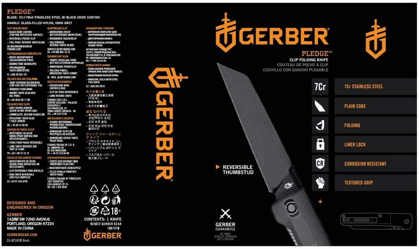 Gerber Navaja de bolsillo con clip para cinturón, Pledge, hoja de acero inoxidable 7Cr17MoV con aspecto de tanto invertido, escamas del mango de nylon reforzado con fibra de vidrio