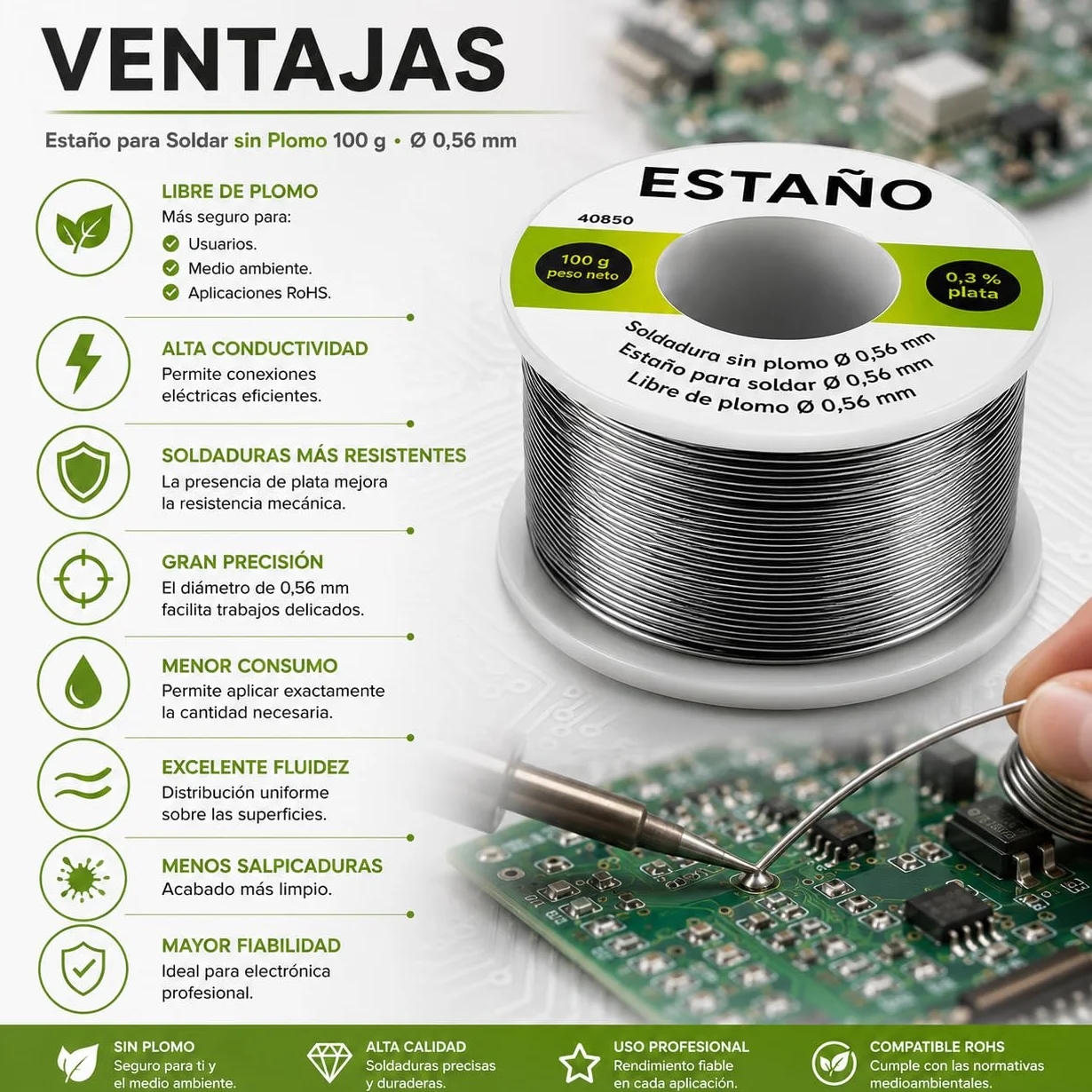 CABLEPELADO Estaño para Soldar Sin Plomo 100 g Ø 0,56 mm con 0,3% Plata | Hilo de Soldadura para Electrónica, PCB, SMD y Reparaciones Eléctricas | Compatible RoHS