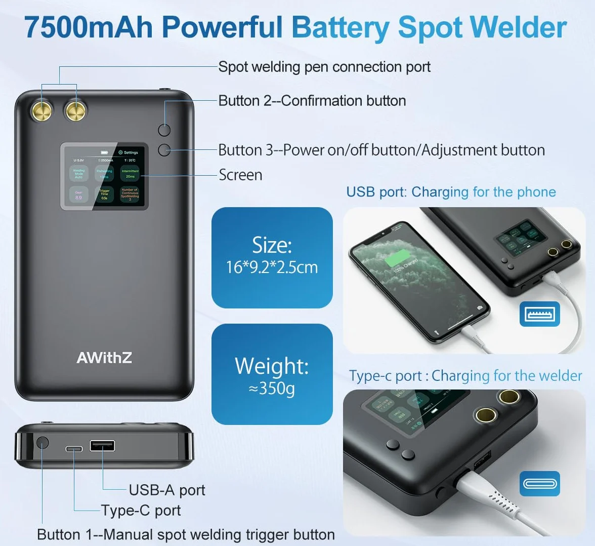 Soldador por puntos, AWithZ 7500mAh Soldador por puntos de batería, pantalla grande, interfaz de usuario inteligente en varios idiomas,para reparar de precisión y hacer paquetes de baterías (U3)