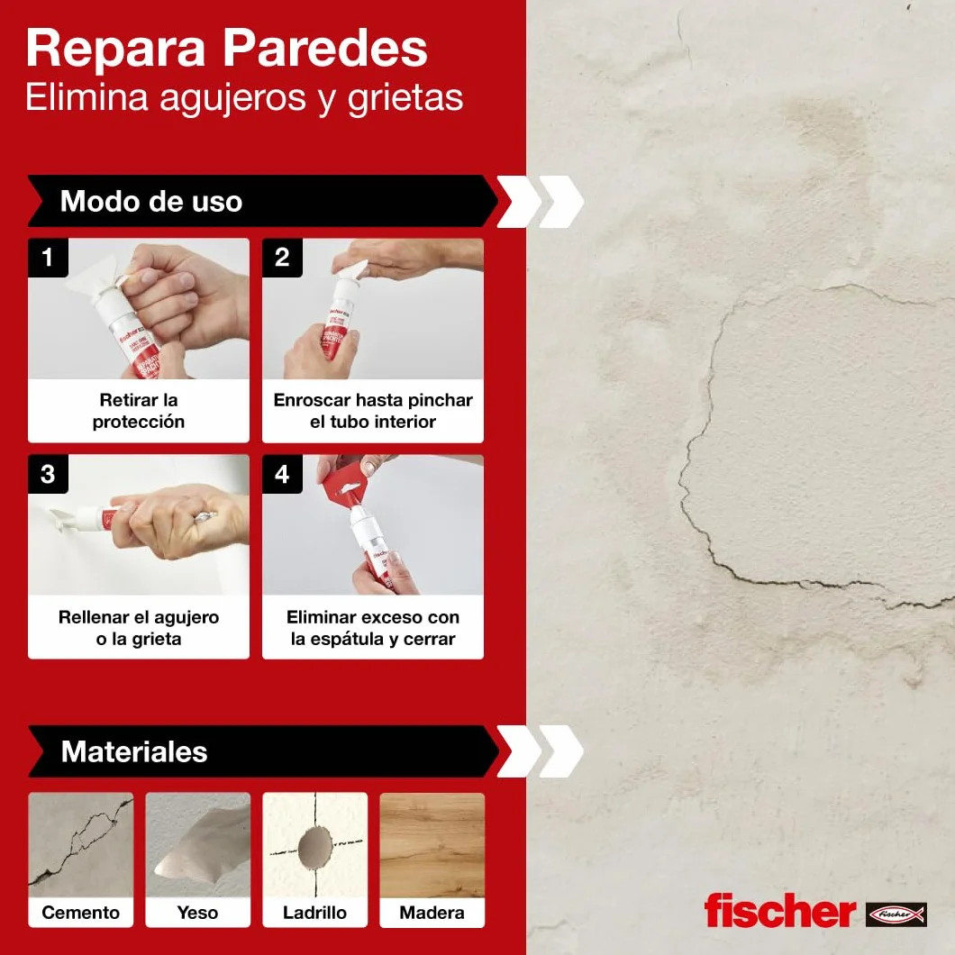 fischer - Masilla Adhesiva Repara Paredes, Compatible con Placas de Yeso PLADUR®, Cemento, Hormigón o Mamposteria | Para Tapar Agujeros Pared, Reparador de Pared | Incluye Espátula (75 ml)