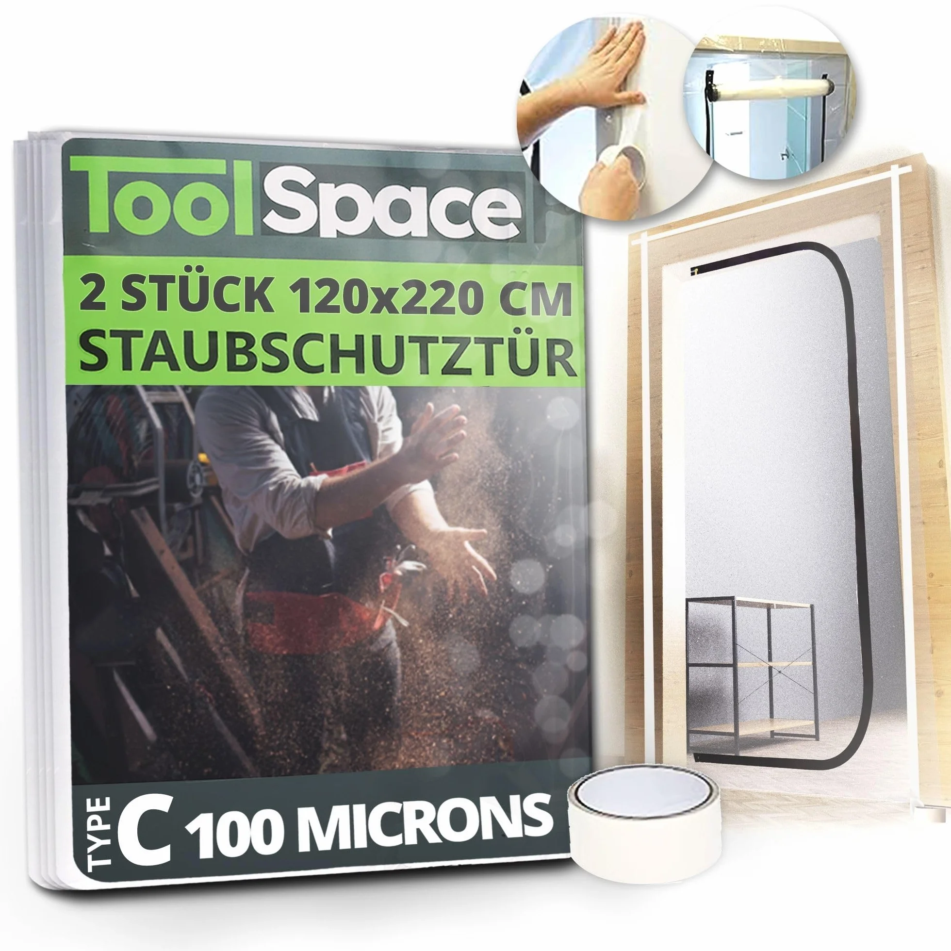 ToolSpace puerta de protección contra el polvo con cremallera 220x120cm TIPO C - Fácil de instalar, reutilizable y duradera - Ideal para renovaciones - Protege contra el polvo