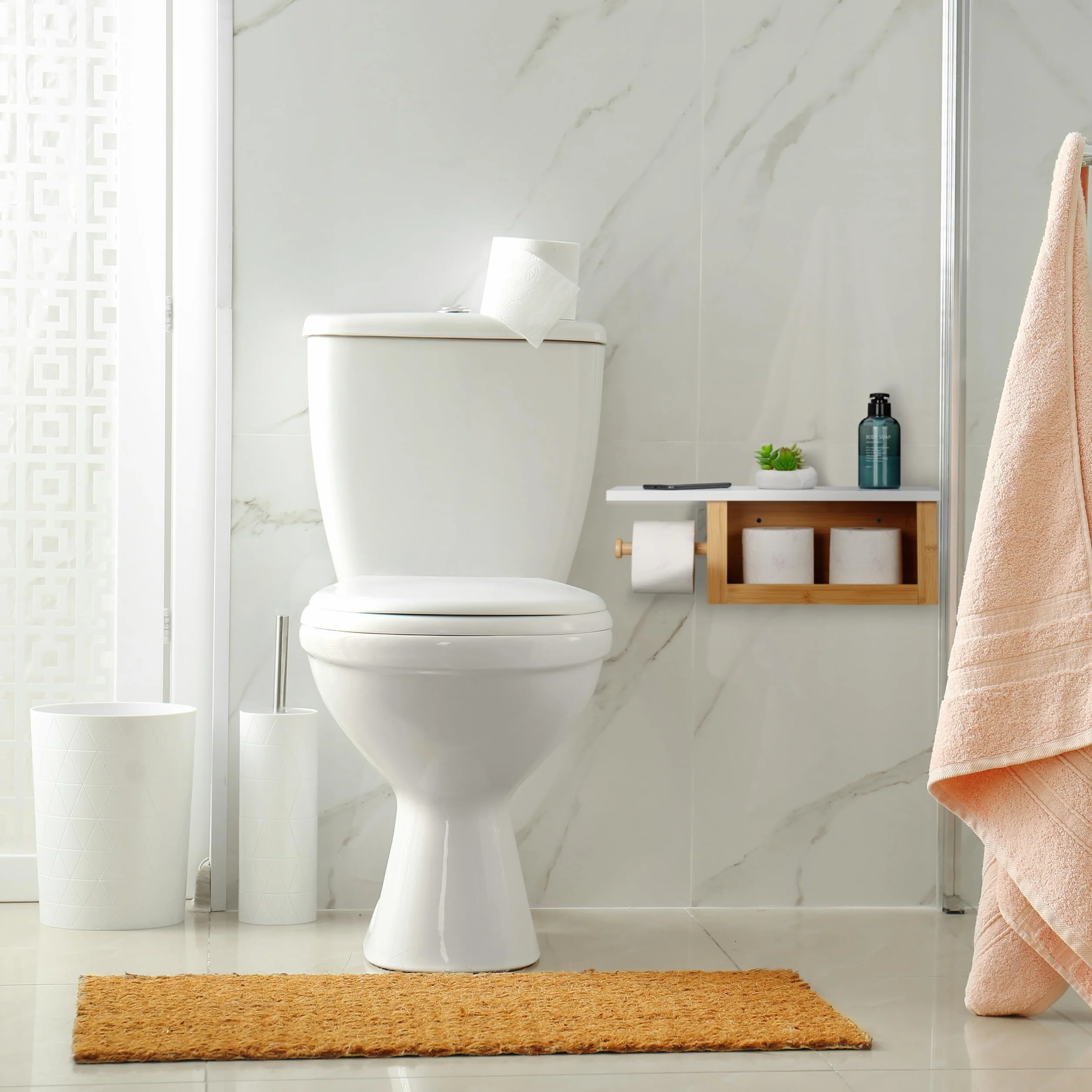 Relaxdays Portarrollos Baño Repisa, Dispensador Rollo Bambú, Compartimento Abierto, 17x50x18 cm, Pared, Natural y Blanco