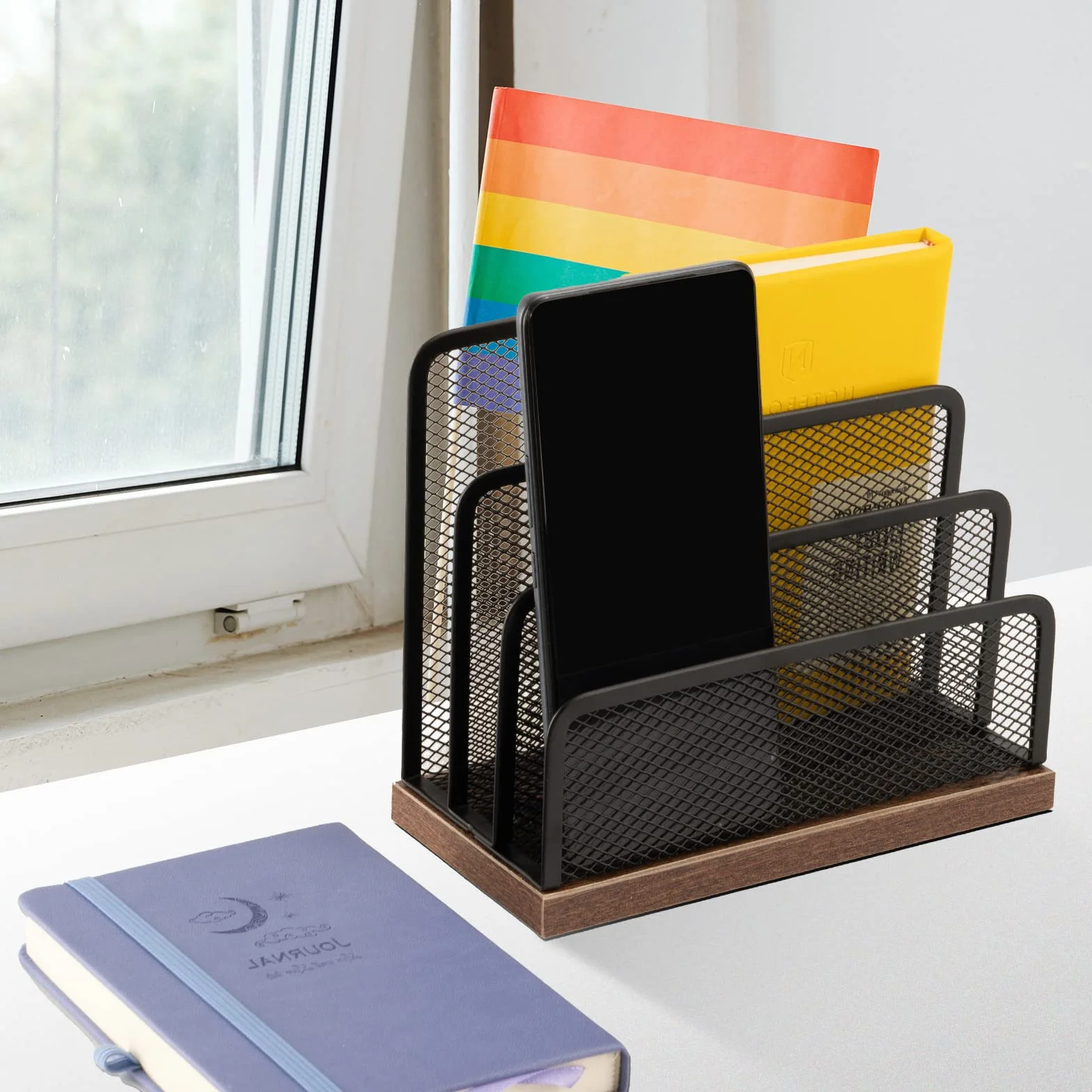 Organizador de correo de escritorio de madera y metal, 3 compartimentos verticales para archivos y cartas