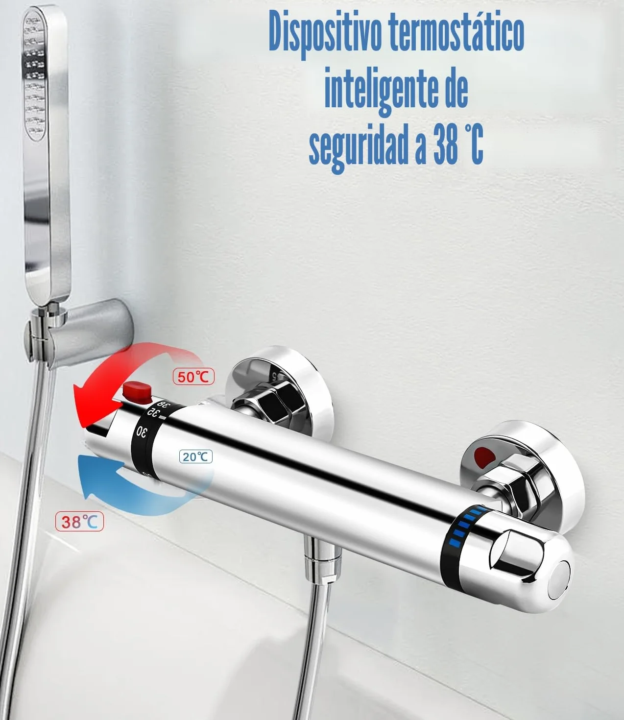 Grifo Ducha, Grifo Ducha Termostatico, Termostato Ducha para Bañera y Ducha, Válvula Mezcladora con Seguro 38°C Anti-Quemaduras, Latón Cromado, Control de Temperatura 20-50°C, Flujo Estable y Cómodo