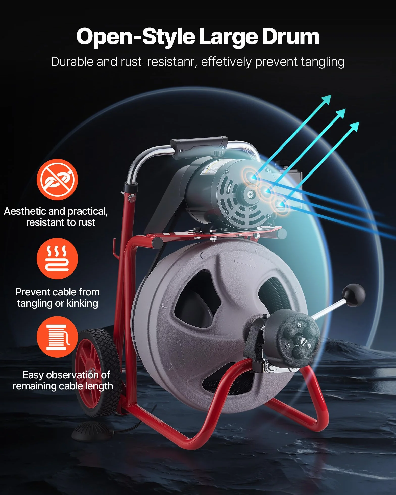 VEVOR Desatascador de Desagües Eléctrico 30 m x 9,5 mm, Máquina de Limpieza de Tuberías con Alimentación Automática, Tambor de Plástico, Limpiador de Tubos de Drenaje para Tuberías de 5-10 cm