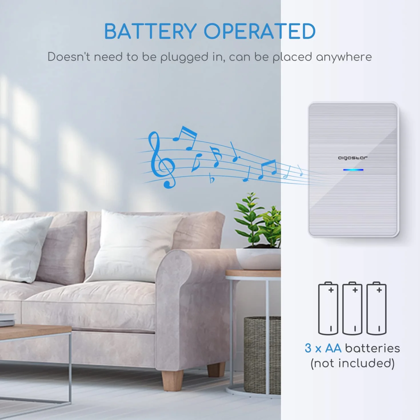 Aigostar Timbre inalámbrico con 2 Receptores, Timbre de Puerta con Indicadores LED, Impermeable IP44 para Interior y Exterior, 3 Niveles de Volumen y 36 Melodías, Plata