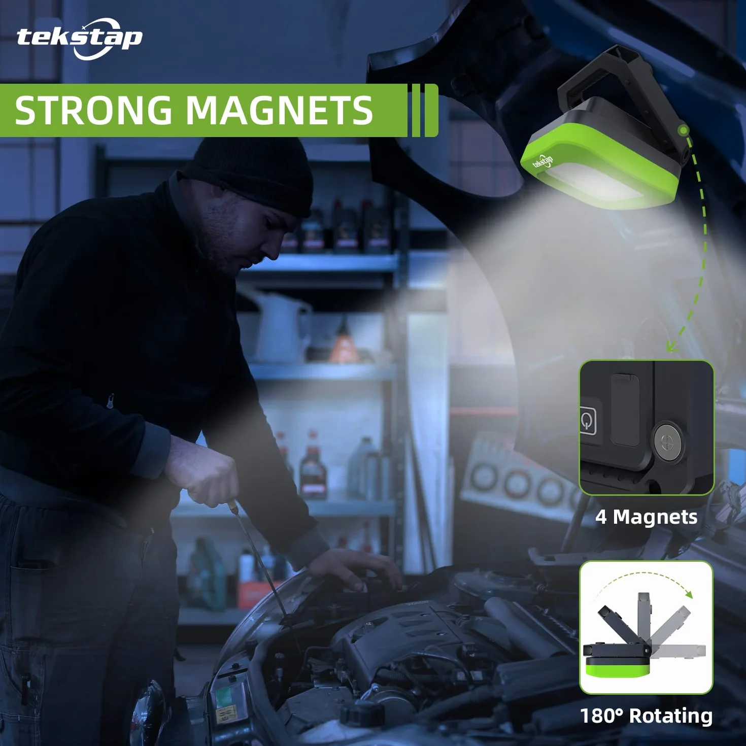 Tekstap Paquete de de trabajo LED recargables, 1000 lúmenes, magnéticas, portátiles, gancho para colgar y 3 modos, resistente al agua para reparación de automóviles, camping, emergencia (verde)