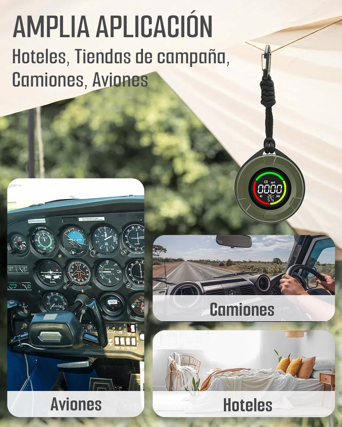 Detector de monóxido de Carbono portátil GasDoc DS-100, Detector de CO 3-en-1 para Viaje & Camping, medidor de CO Recargable con Alerta Audible & Visual, Alarma para hogar & Coche - Bosque Oscuro