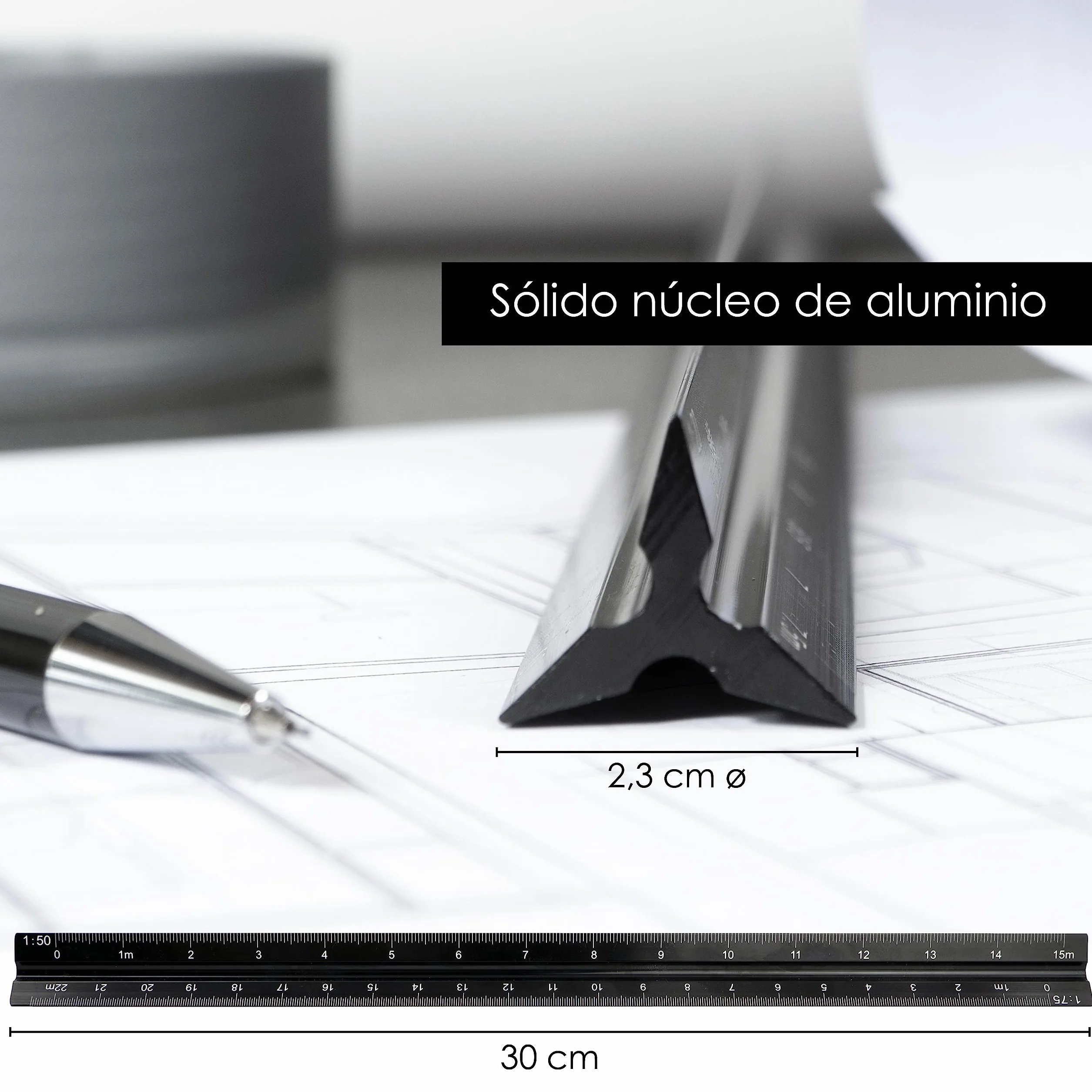 OfficeTree Escalimetro Profesional Regla Triangular 30cm Aluminio Escala 1/50-1/125 Dibujo Tecnico