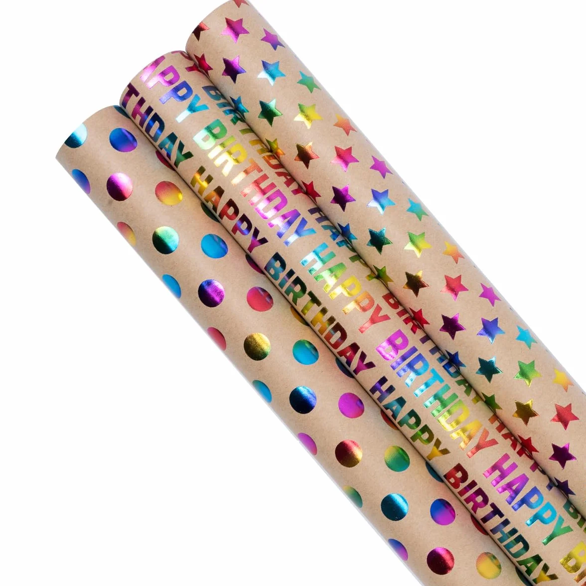 Papel para envolver regalos de cumpleaños reciclable 43 cm x 3 m 3 rollos estampado lunares estrellas Feliz Cumpleaños