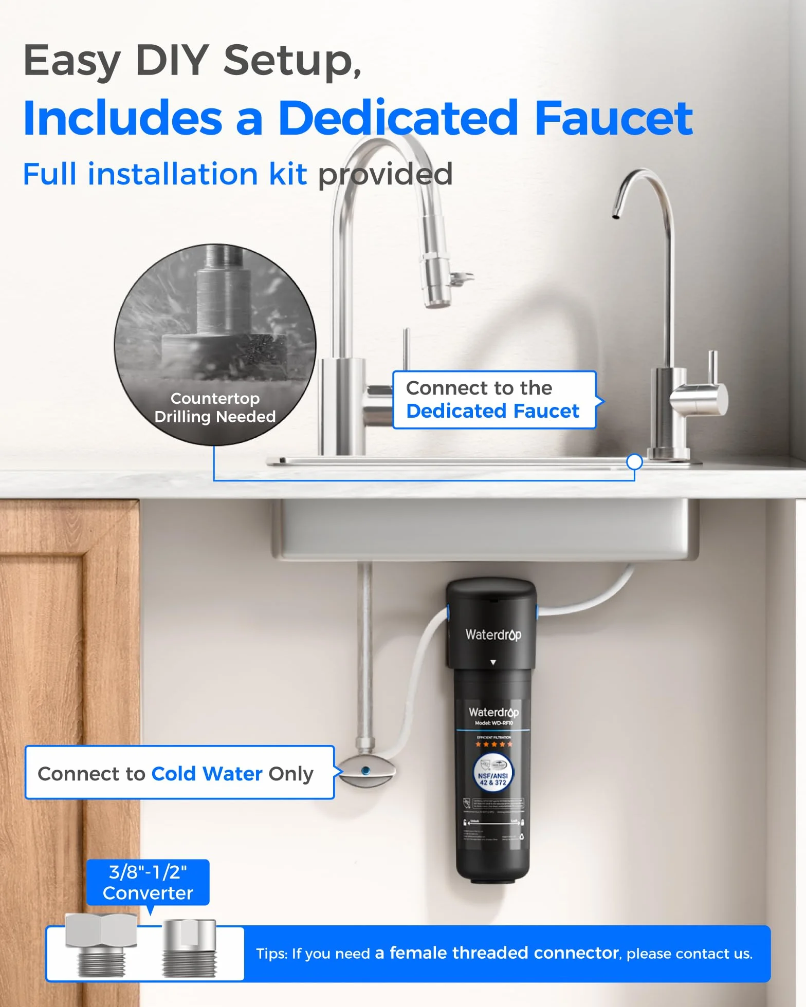 Waterdrop 10UB Sistema de Filtro de Agua para Debajo con Grifo Dedicado, 11000 Galones Filtro de Cocina Alta Capacidad, Certificado NSF/ANSI 42, Reduce el 99,99% de Plomo, Cloro, Mal Sabor